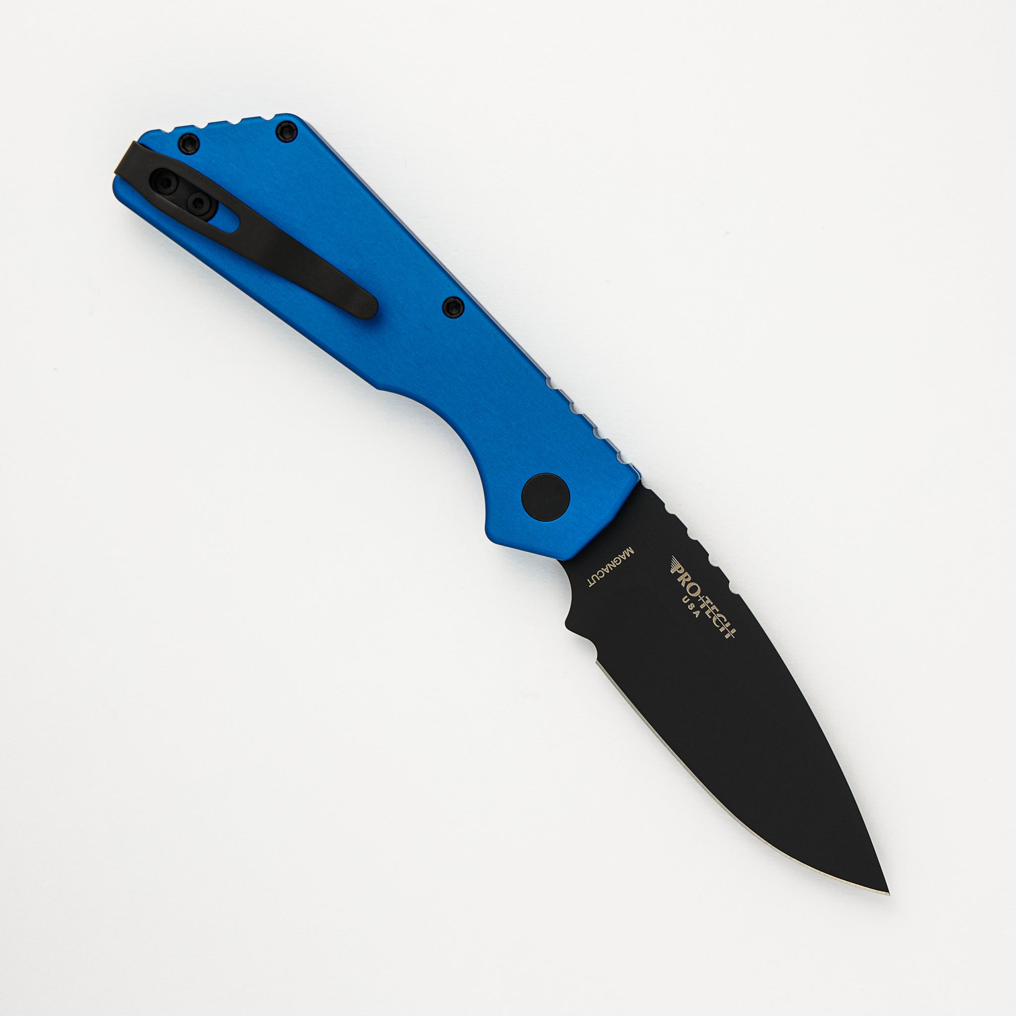 PT+ Auto PT203-BLUE – Blue Aluminum Handle - DLC Black MagnaCut Blade (Strider Design)