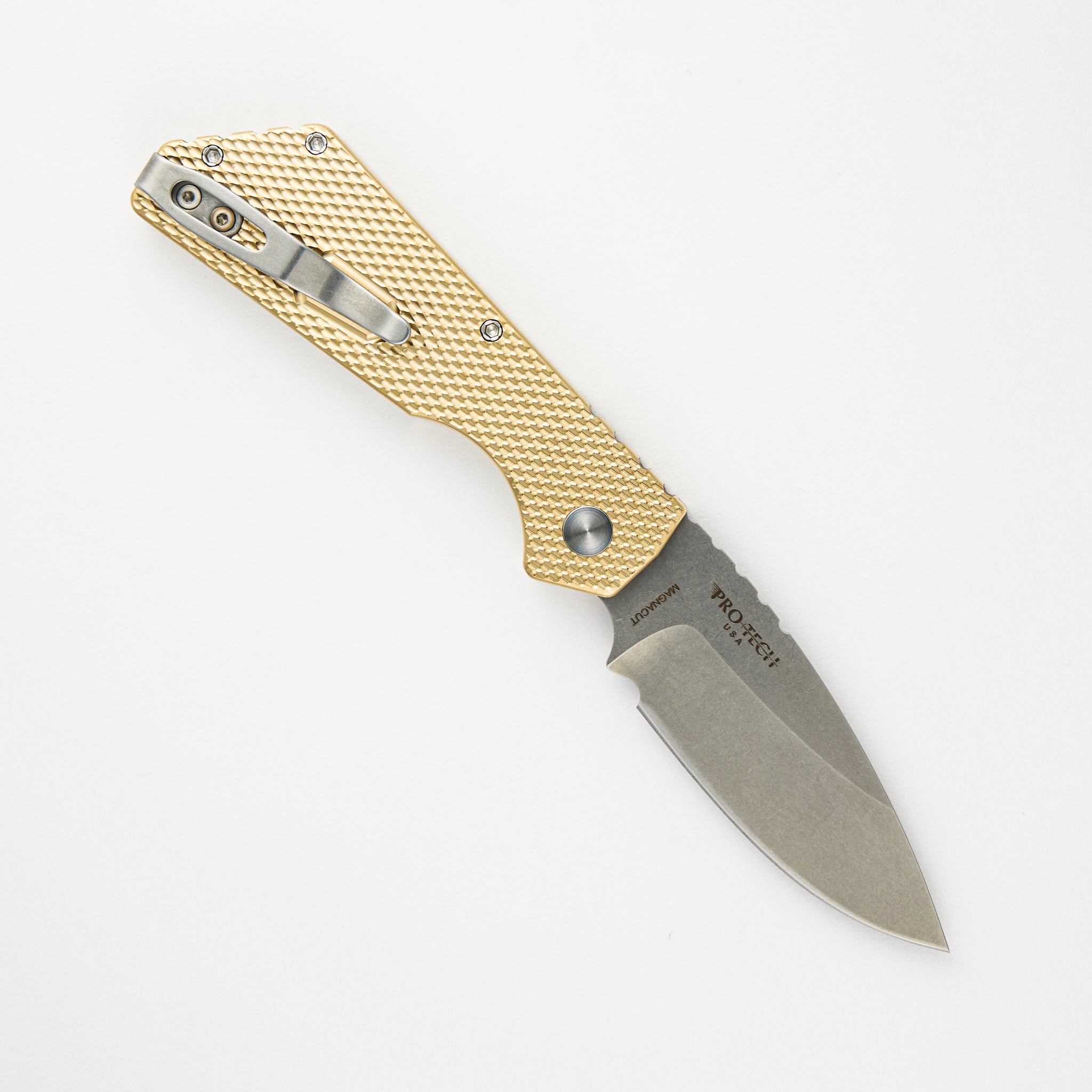 Pro-Tech Knives Strider PT Auto – Textured AL Bronze Handle Stonewash Magnacut Blade Abalone Button PT234