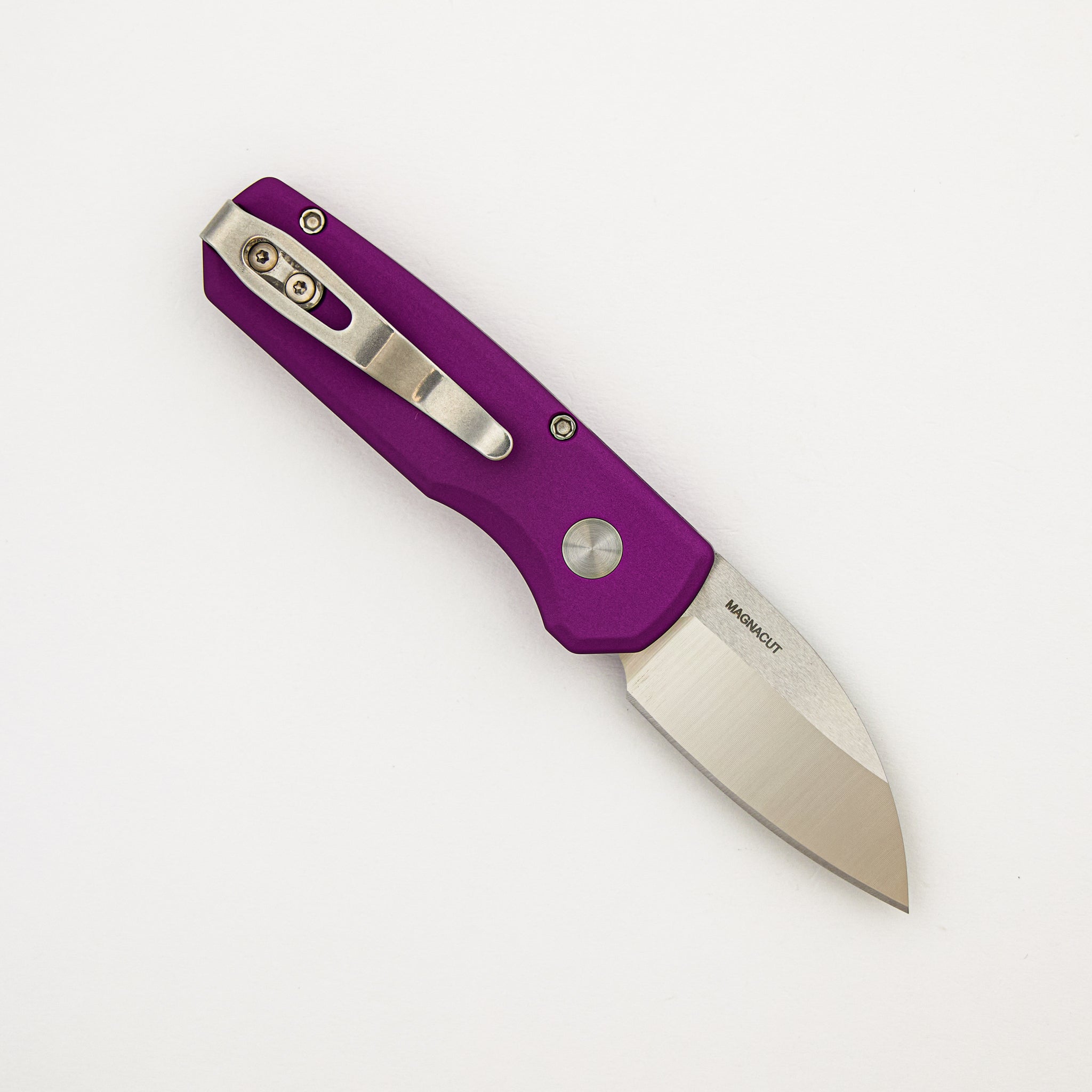 Runt 5 - R5300-LTD PURPLE - Smooth Purple Handle - Machine Satin MagnaCut Wharncliffe Blade - White Pearl Button