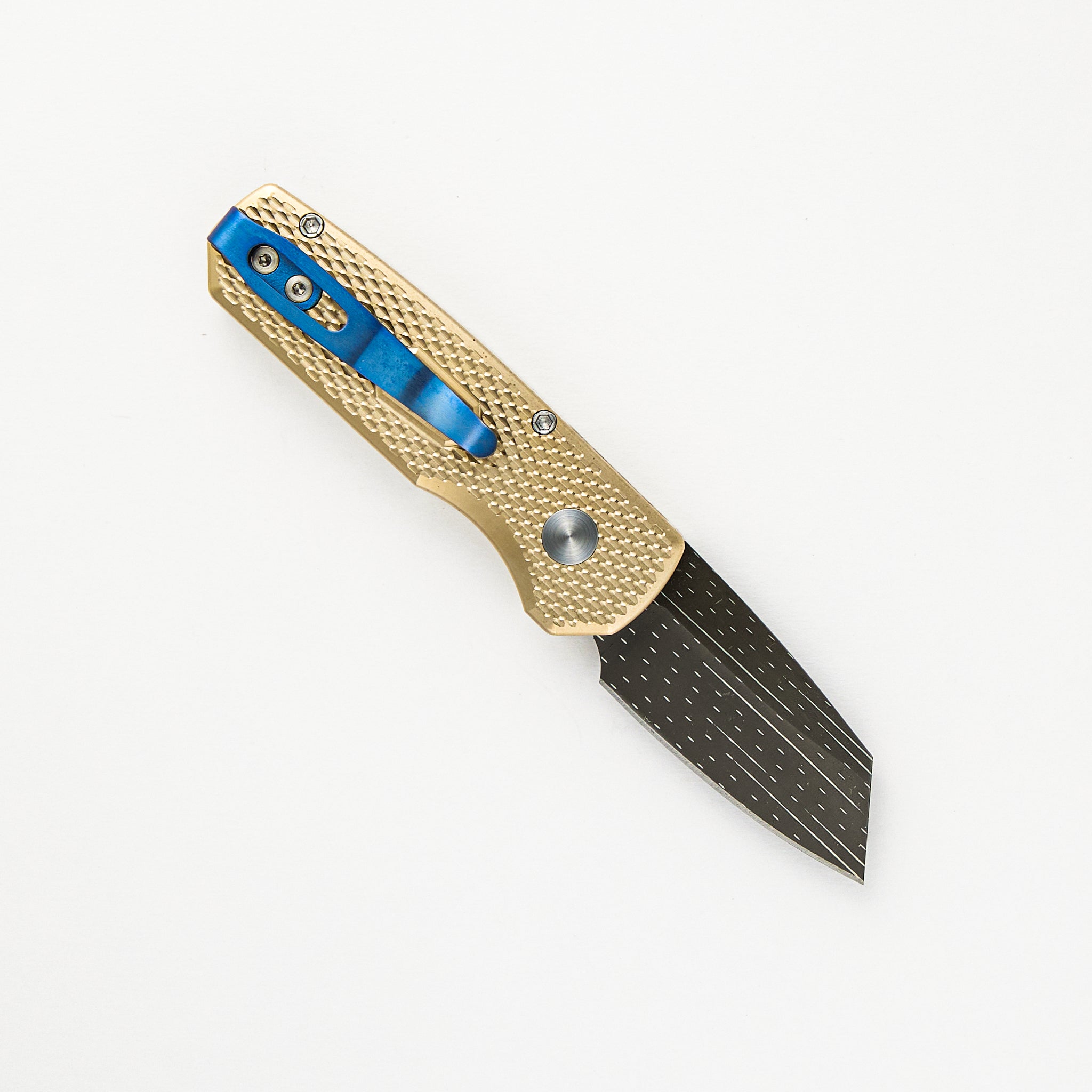 Pro-Tech Knives Runt 5 Prototype - Blade Show ATL 2024 - Al Bronze Textured Handle, Chad Nichols Star Fire Reverse Tanto Blade, Black Lip Pearl Button