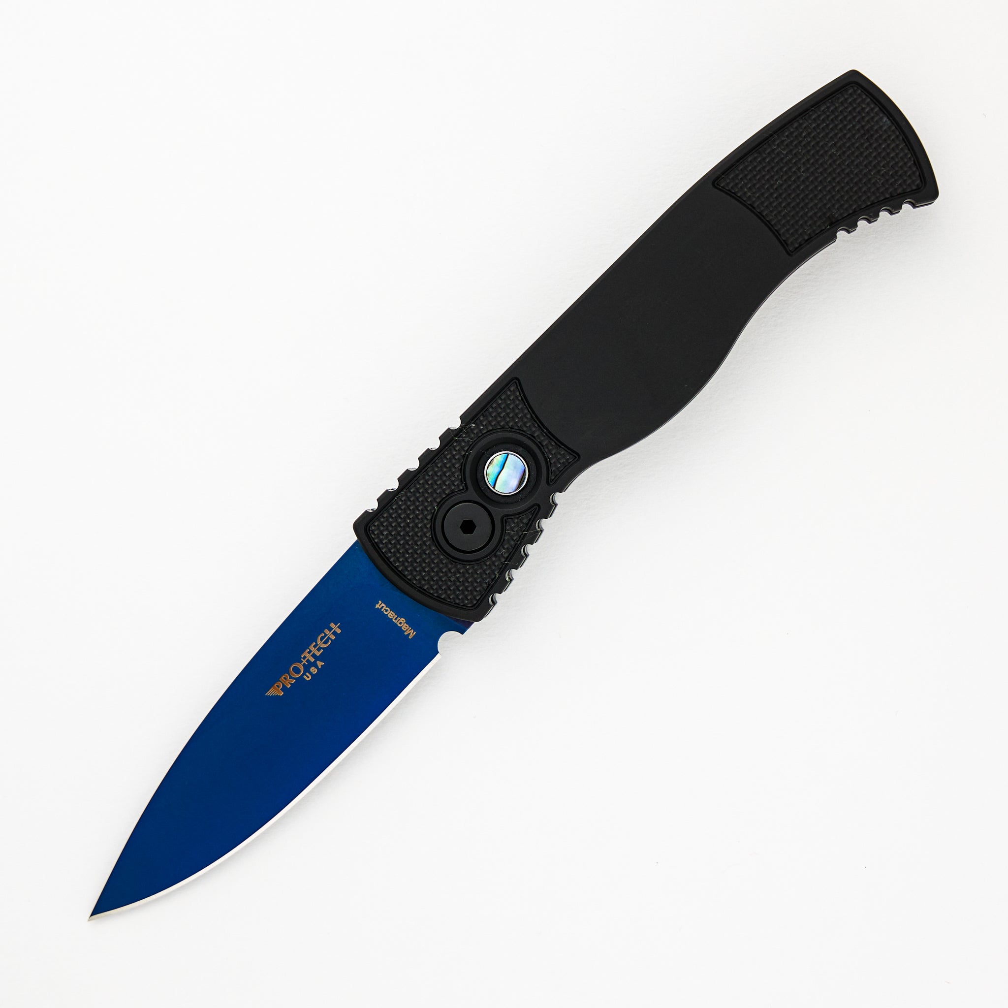 Pro-Tech Knives Tactical Response 2 - Black Handle With Textured Corners - Abalone Push Button - Sapphire Blue MagnaCut Blade T203-SB