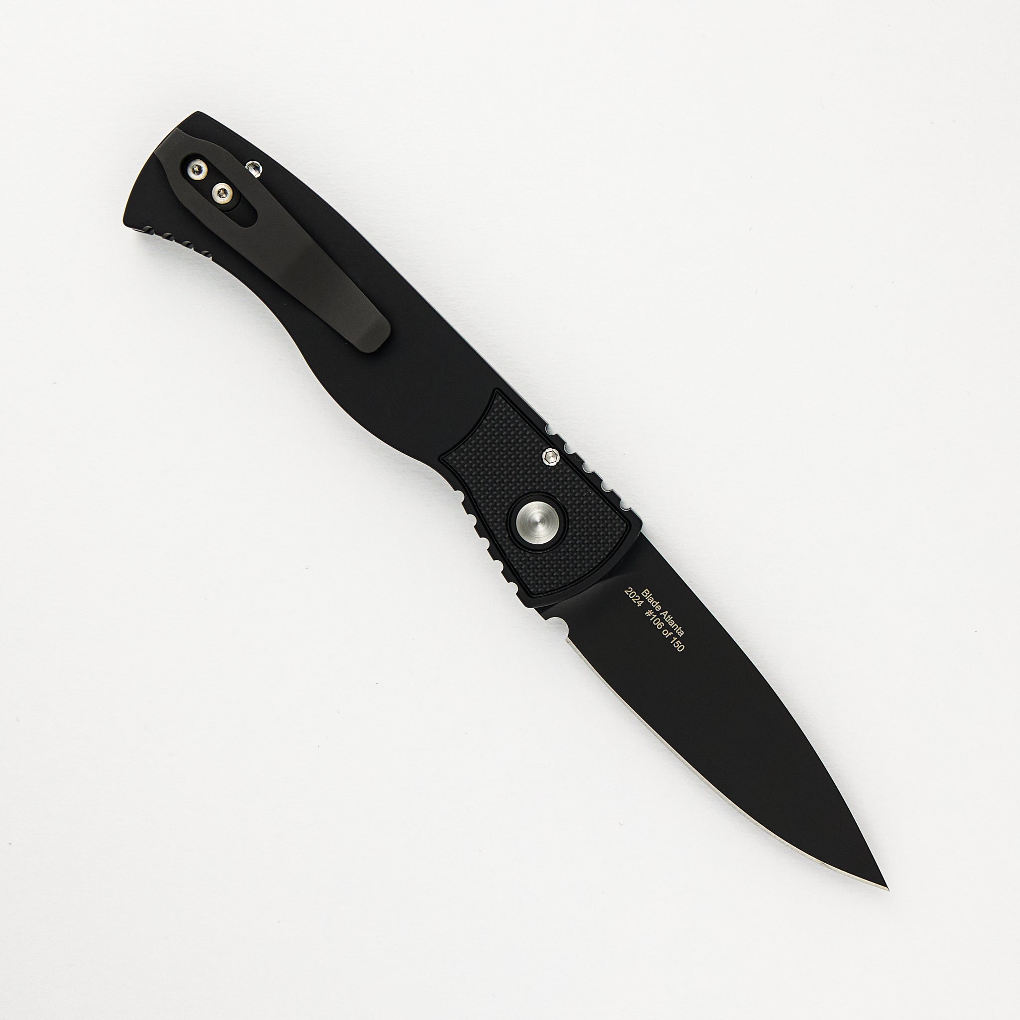 Pro-Tech Knives TR-2 Skull Blade Show 2024 - Black Handle, Shaw Sterling Silver Skull, MOP Button, Black MagnaCut Blade