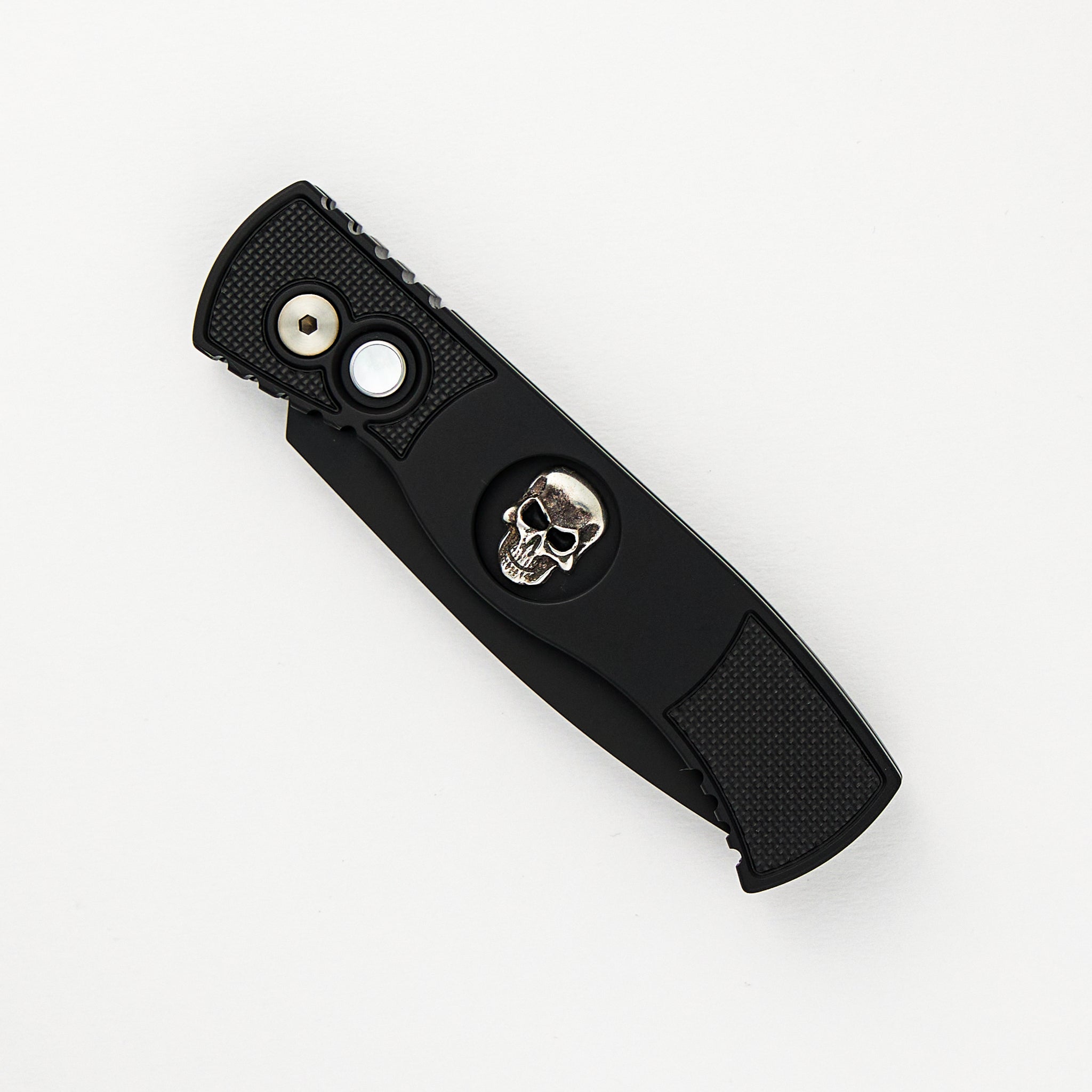 Pro-Tech Knives TR-2 Skull Blade Show 2024 - Black Handle, Shaw Sterling Silver Skull, MOP Button, Black MagnaCut Blade