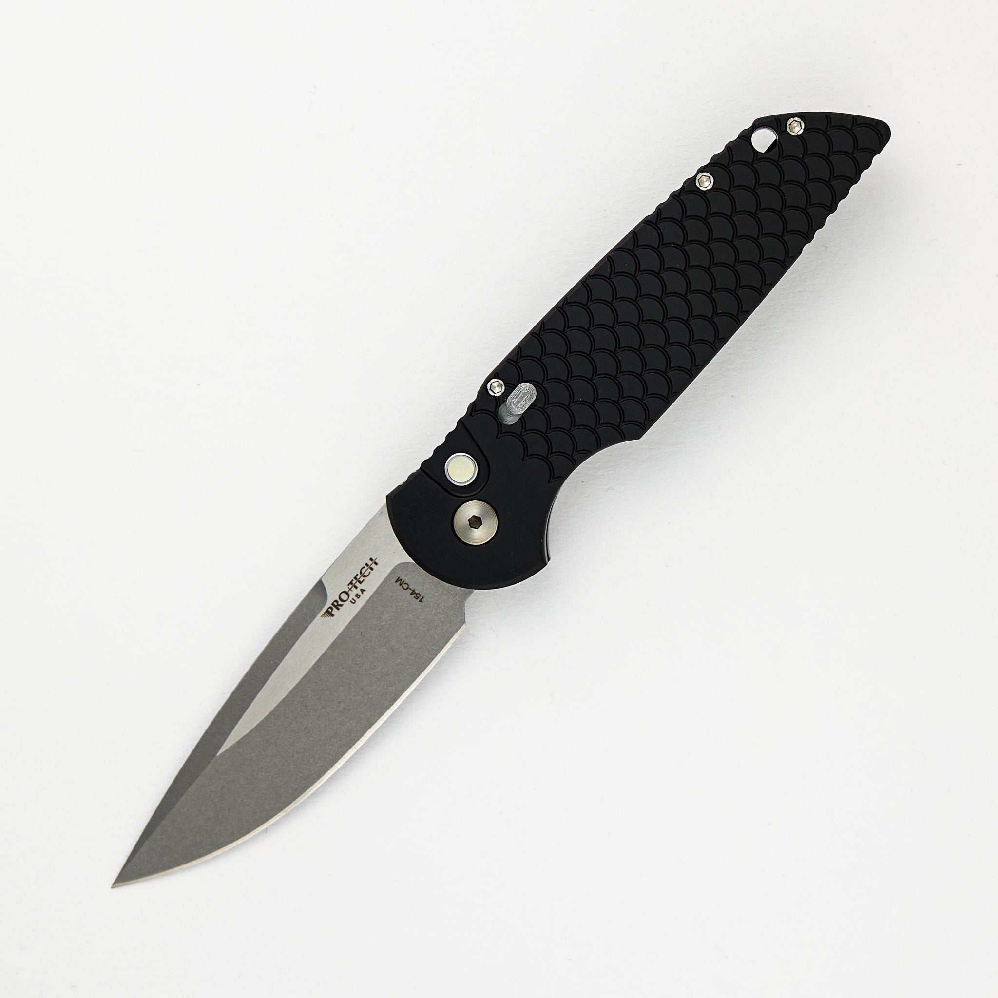 Pro-Tech Knives TR-3 - Blade Show ATL 2024 - Black Handle W/ Steel Safety, Gold Lip Pearl Button, Stonewash/Satin Blade, Limited Edition