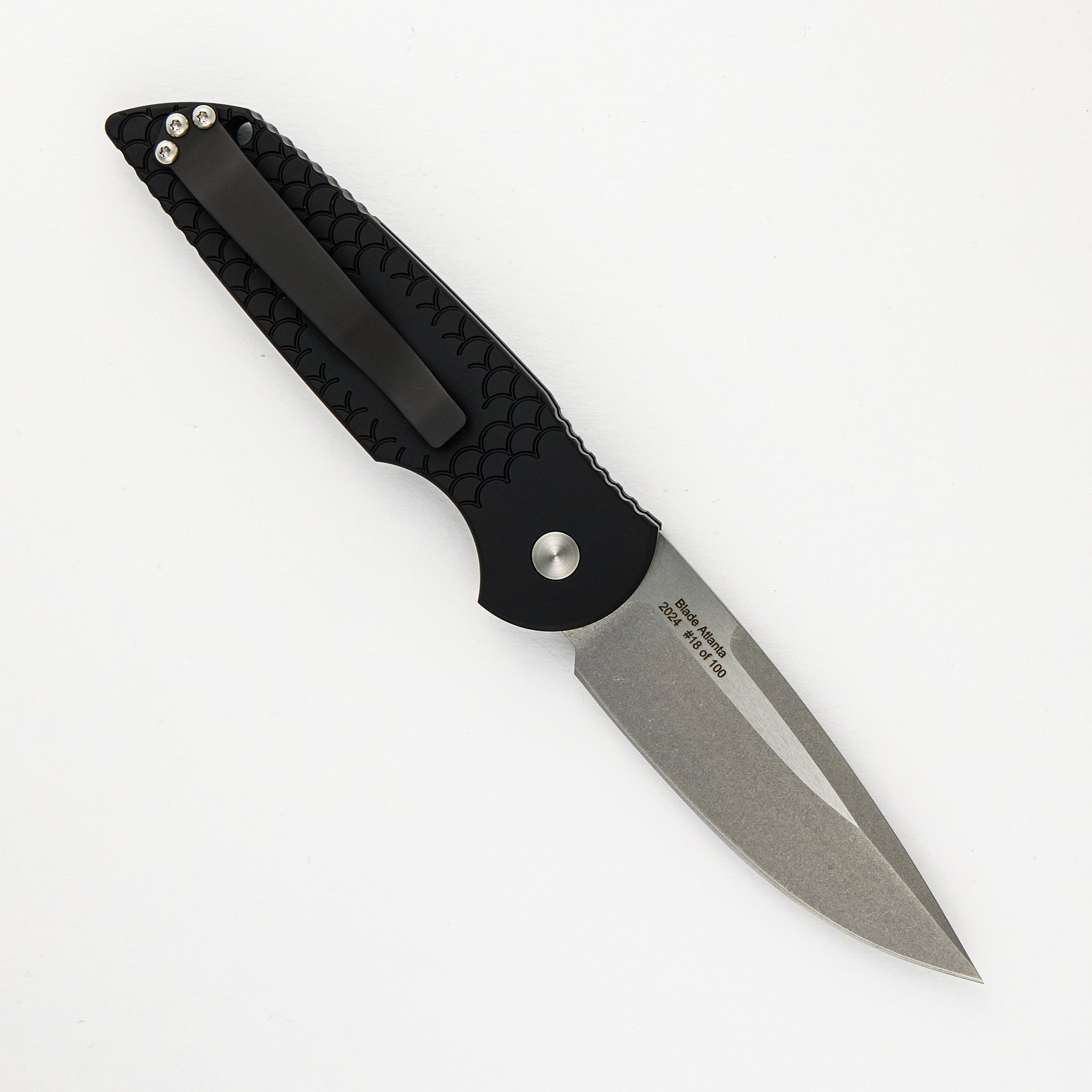 Pro-Tech Knives TR-3 - Blade Show ATL 2024 - Black Handle W/ Steel Safety, Gold Lip Pearl Button, Stonewash/Satin Blade, Limited Edition