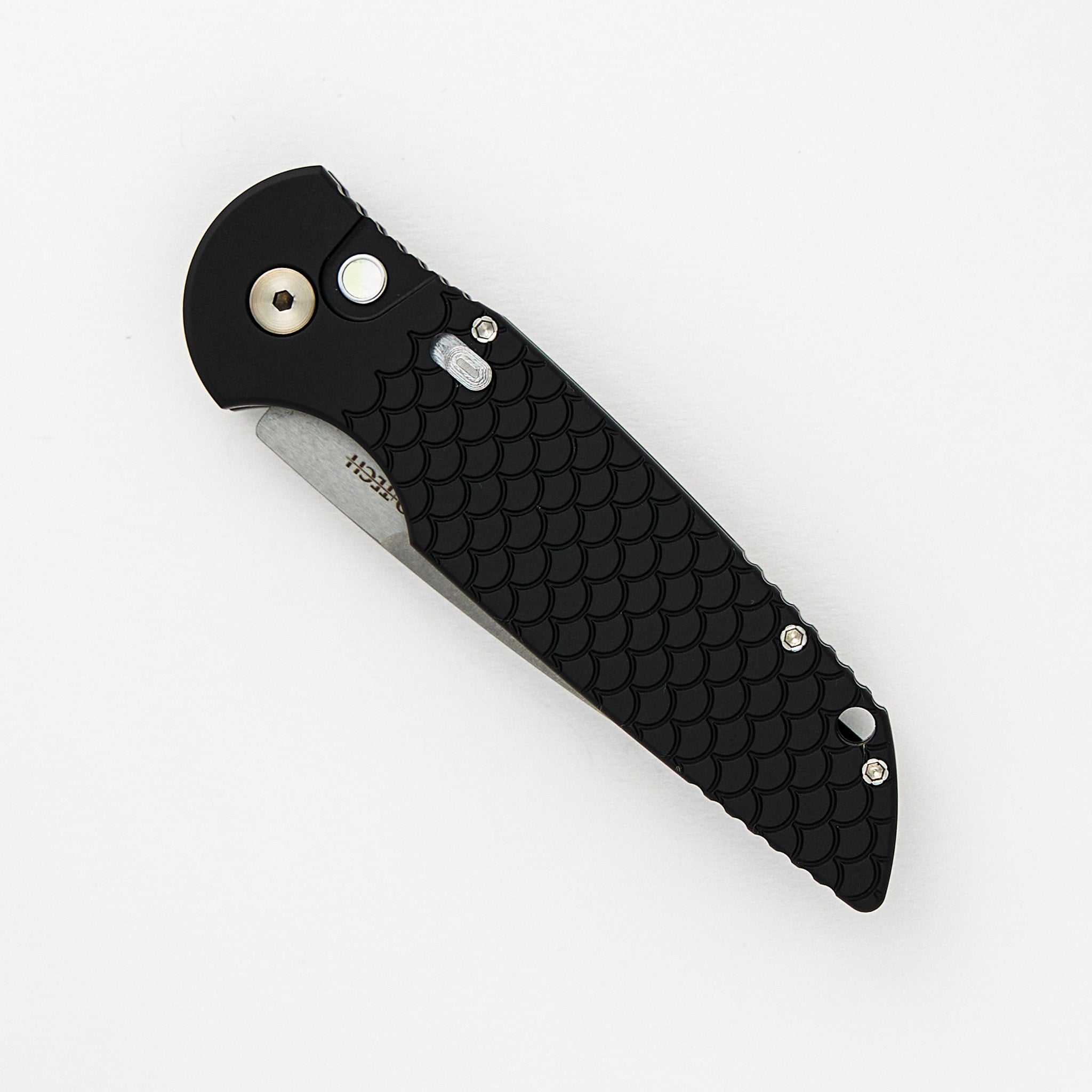 Pro-Tech Knives TR-3 - Blade Show ATL 2024 - Black Handle W/ Steel Safety, Gold Lip Pearl Button, Stonewash/Satin Blade, Limited Edition