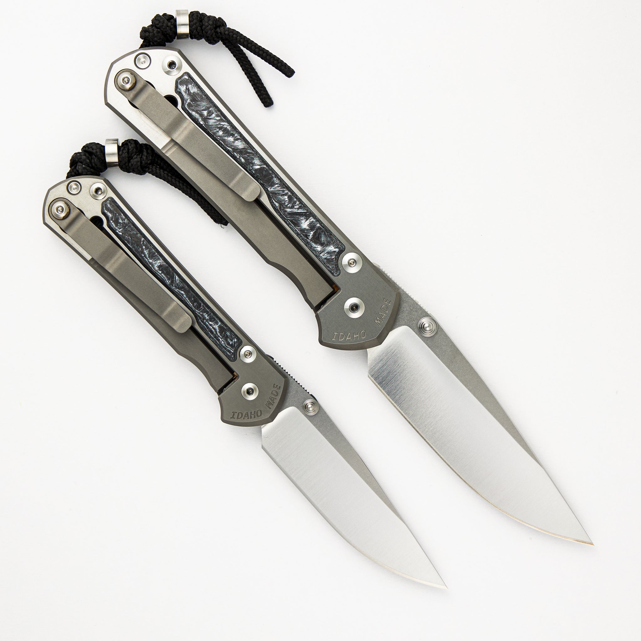 Large & Small Sebenza 31 Numbered Matched Set - White CarboTi Inlay - Polished Drop Point CPM MagnaCut Blade - Silver Double Lugs - Completed