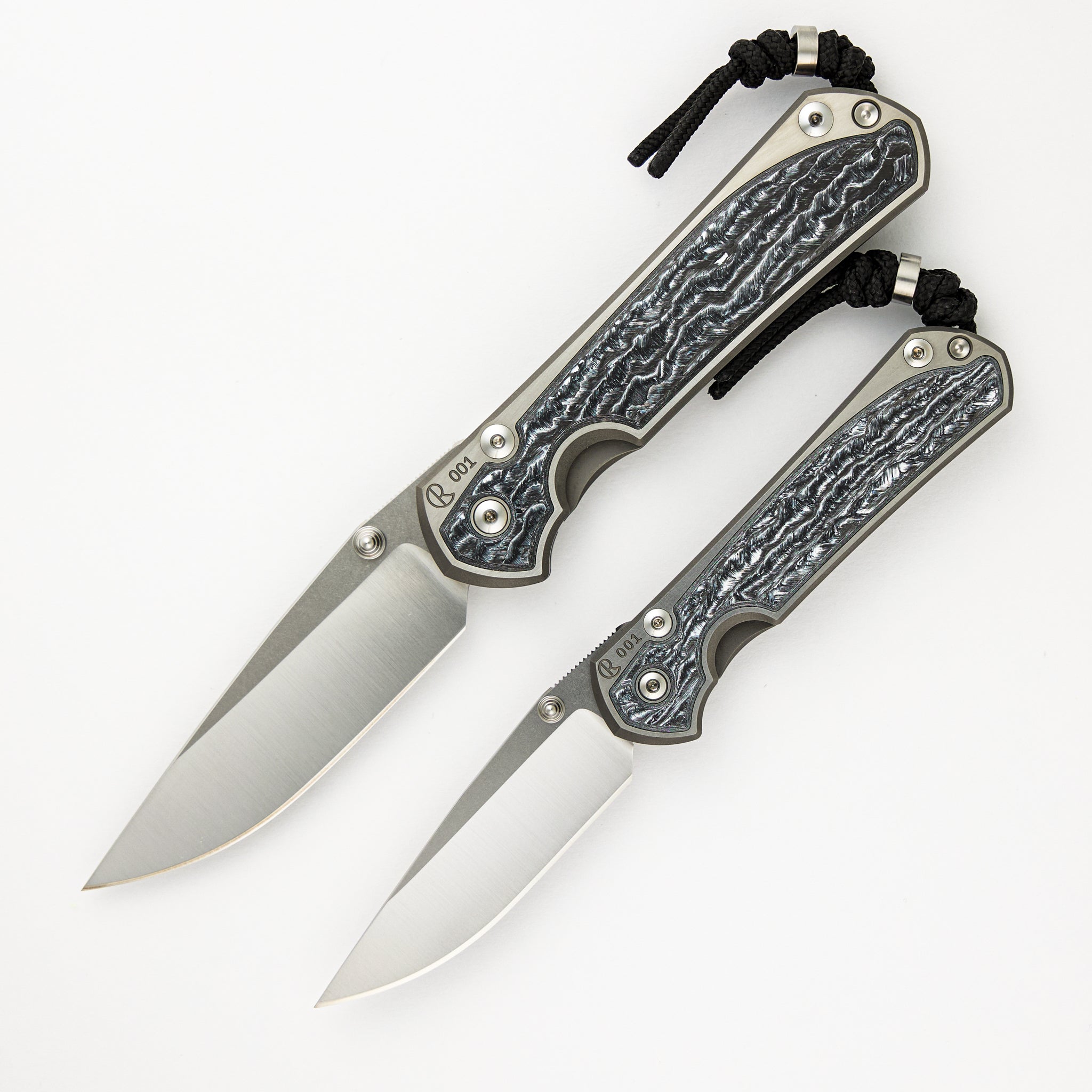 Chris Reeve Large & Small Sebenza 31 Numbered Matched Set - White CarboTi Inlay - Polished Drop Point CPM MagnaCut Blade - Silver Double Lugs - Completed