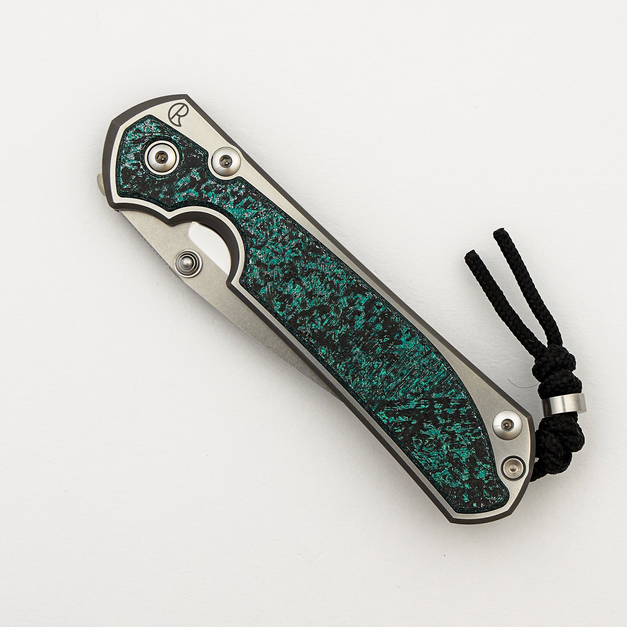 R1 Invitational - Large Sebenza 31 - Teal Magnetic CarboTi Inlay - Polished Drop Point CPM MagnaCut Blade - Silver Double Lugs