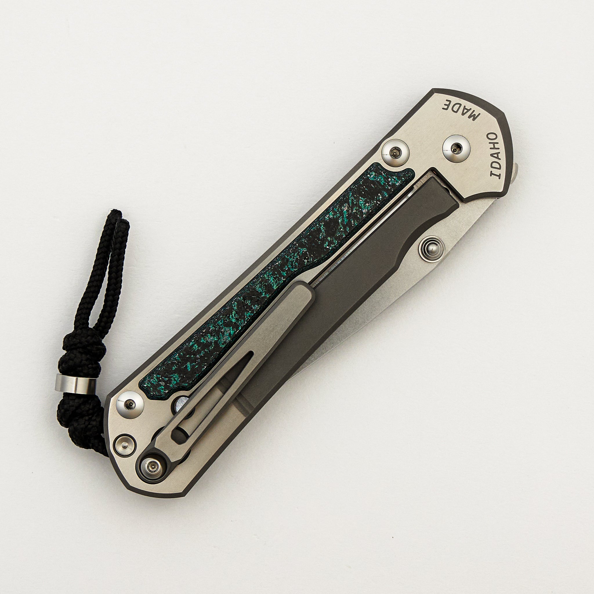 R1 Invitational - Large Sebenza 31 - Teal Magnetic CarboTi Inlay - Polished Drop Point CPM MagnaCut Blade - Silver Double Lugs