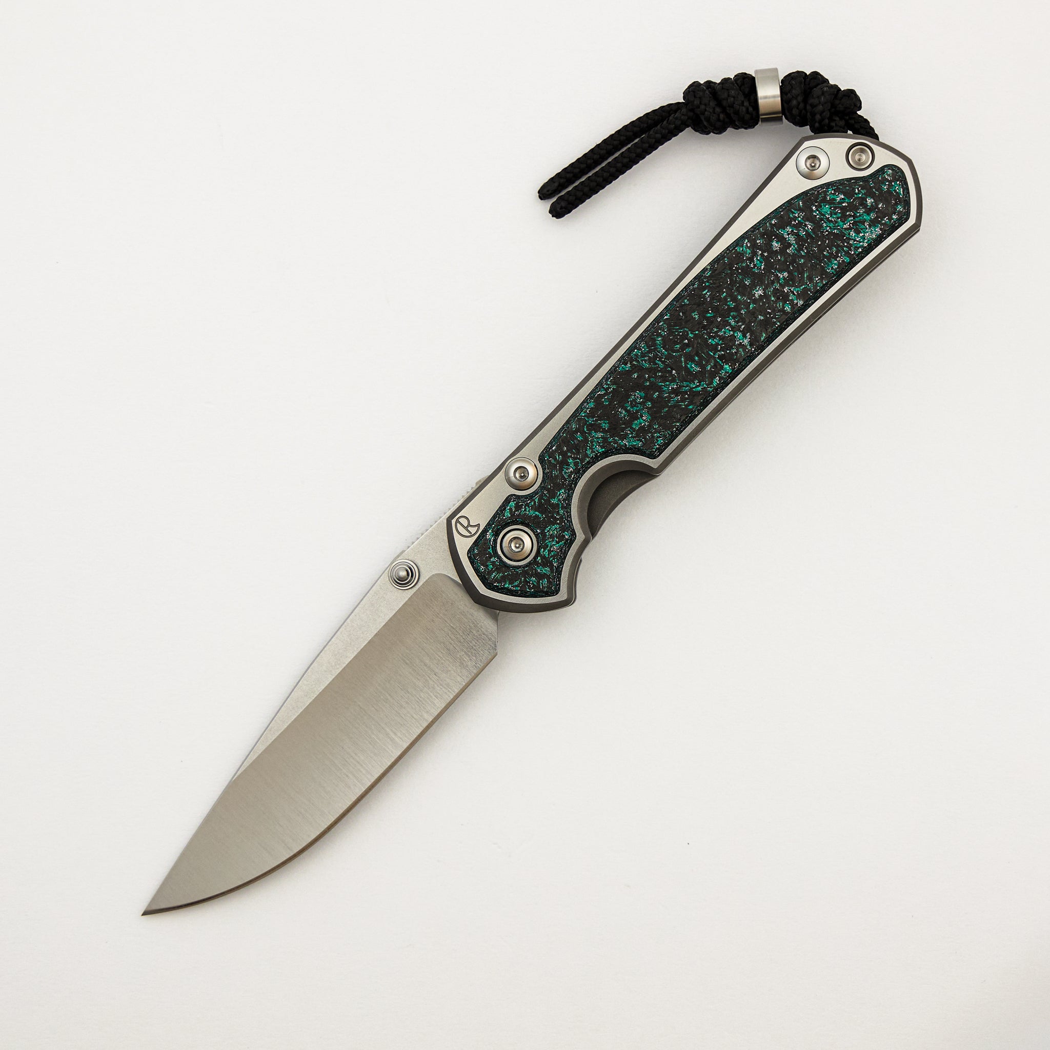 R1 Invitational - Small Sebenza 31 - Teal Magnetic CarboTi Inlay - Polished Drop Point CPM MagnaCut Blade - Silver Double Lugs