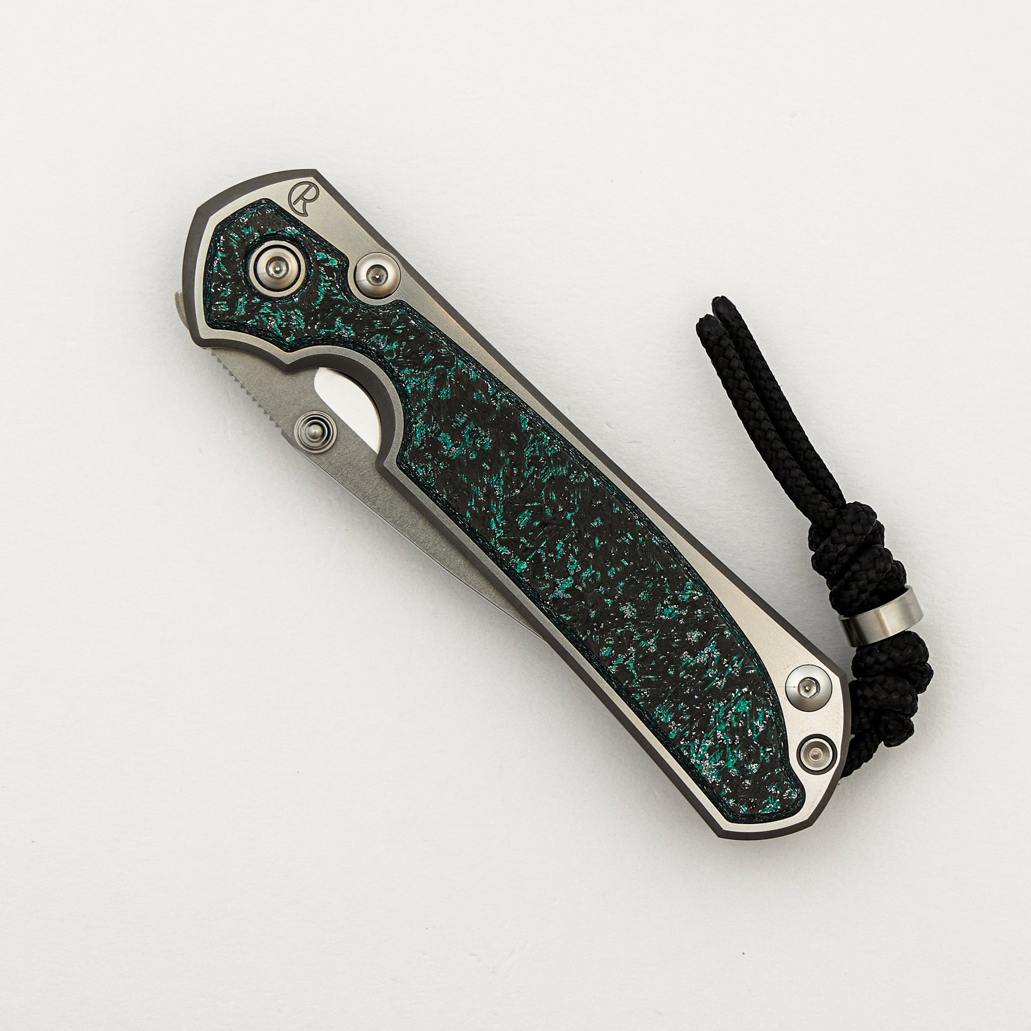 R1 Invitational - Small Sebenza 31 - Teal Magnetic CarboTi Inlay - Polished Drop Point CPM MagnaCut Blade - Silver Double Lugs