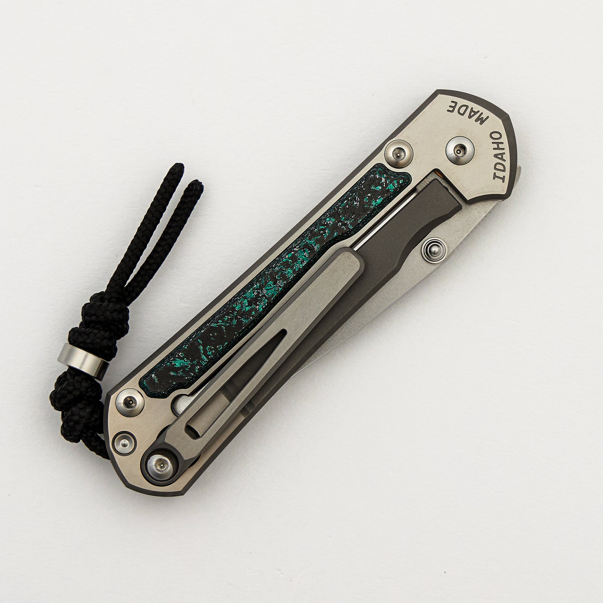 R1 Invitational - Small Sebenza 31 - Teal Magnetic CarboTi Inlay - Polished Drop Point CPM MagnaCut Blade - Silver Double Lugs