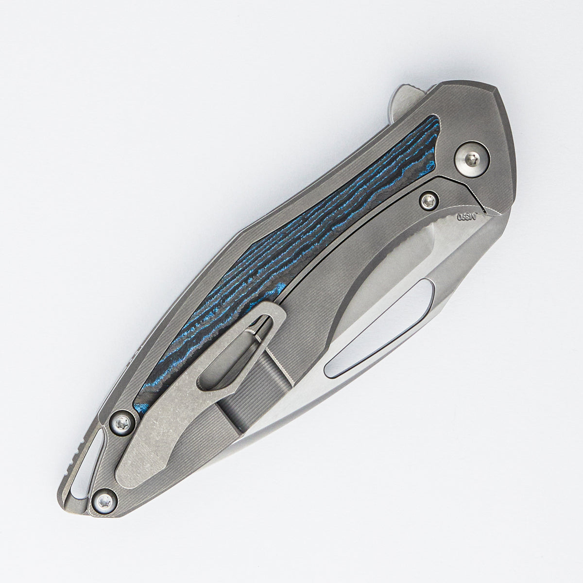 Arius - Smooth Titanium Handle W/ Ocean Blue CarboTi Inlays - Silver Hardware - Burnished W/ Polished Flats M390 Blade