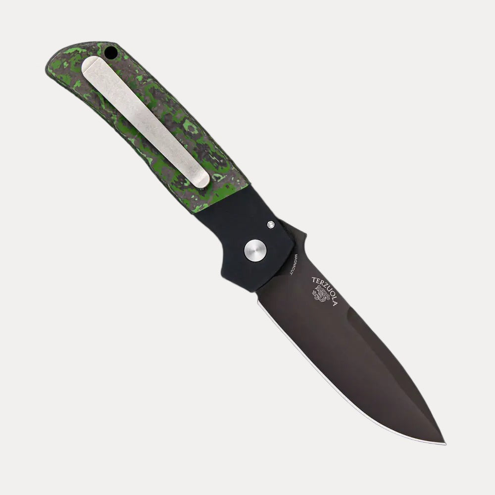 PRO-TECH KNIVES GXIII TERZUOLA ATCF AUTO – BLACK HANDLE MOP BUTTON GREEN/BLACK FAT CARBON DLC BLACK MAGNACUT BLADE #45 OF 50