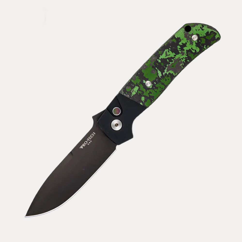 PRO-TECH KNIVES GXIII TERZUOLA ATCF AUTO – BLACK HANDLE MOP BUTTON GREEN/BLACK FAT CARBON DLC BLACK MAGNACUT BLADE #45 OF 50