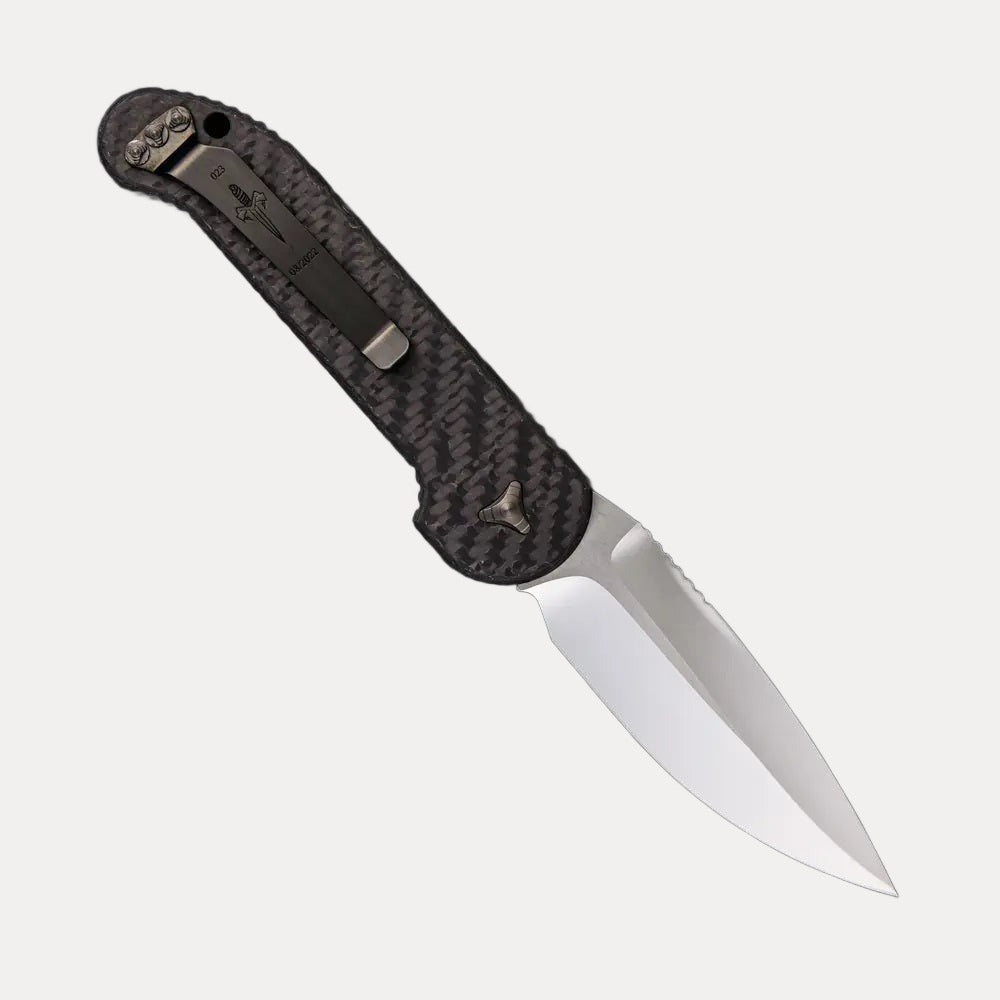 MARFIONE CUSTOM KNIVES LUDT MIRROR POLISH CARBON FIBER W/ CARBON FIBER INLAID BUTTON DLC RINGED HARDWARE S/N 023