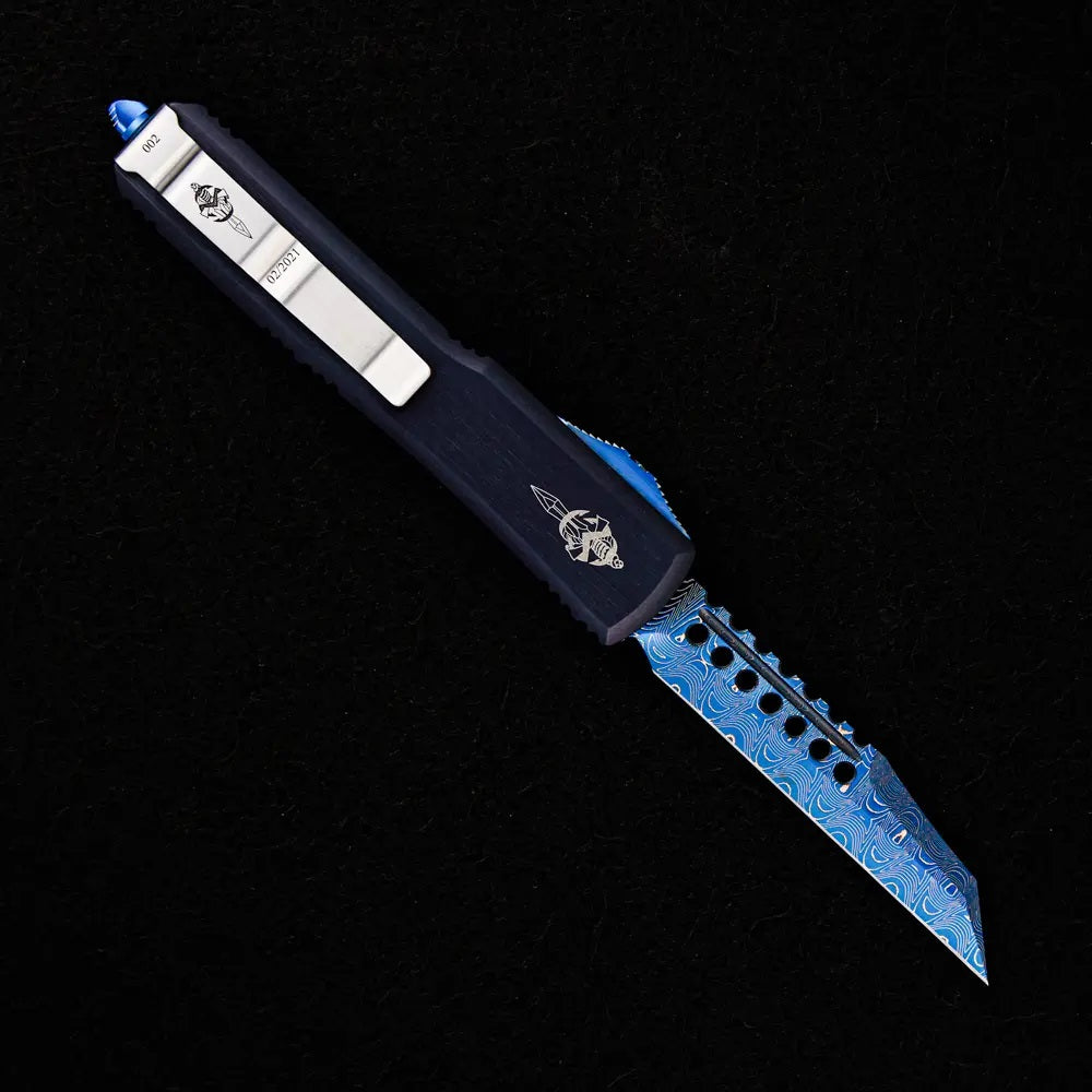 MARFIONE CUSTOM KNIVES ULTRATECH WARHOUND VEGAS FORGE BLUED SPIROGRAPH ANODIZED HEFTED ALLOY W/ RINGED BLUE TITANIUM HARDWARE S/N 002