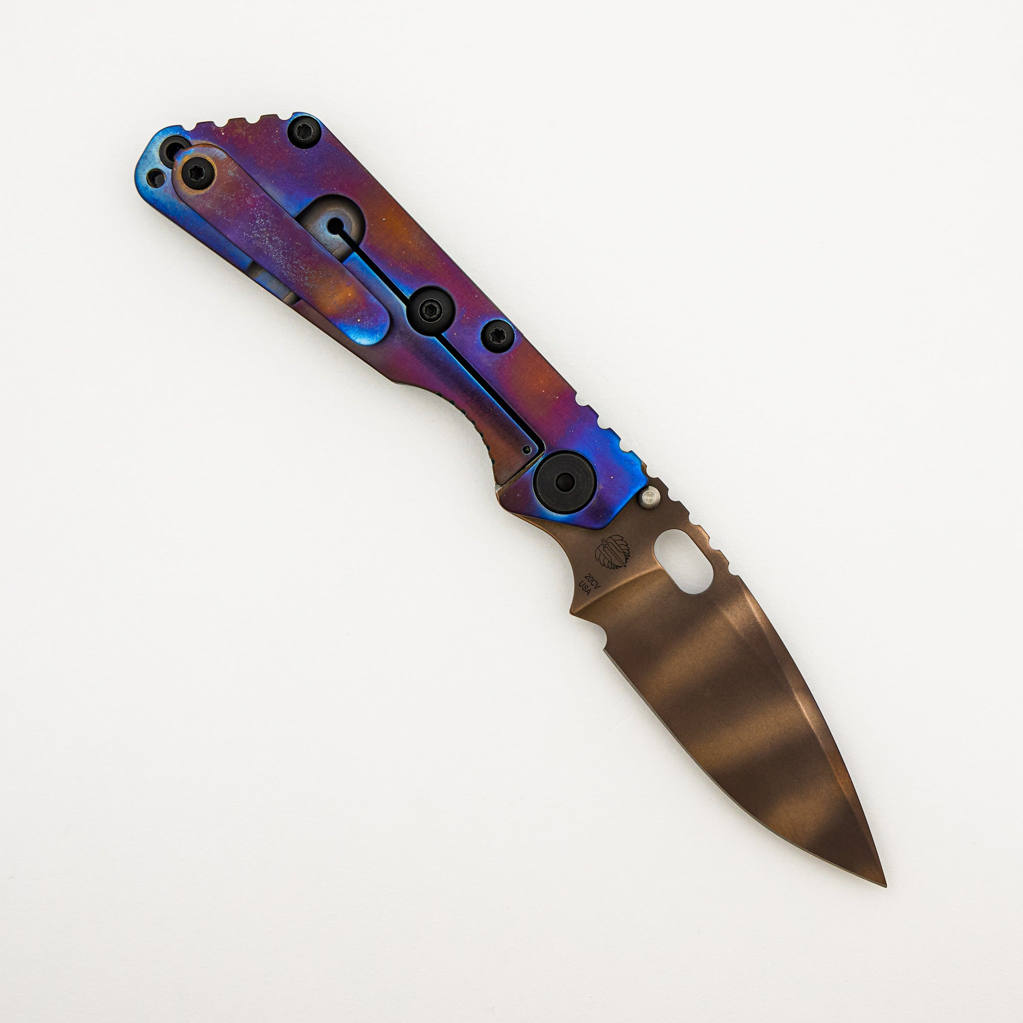 SNG - Anodized Titanium/Forest Green G10 Handle - Drop Point Bronze Tiger Stripe 20CV Blade