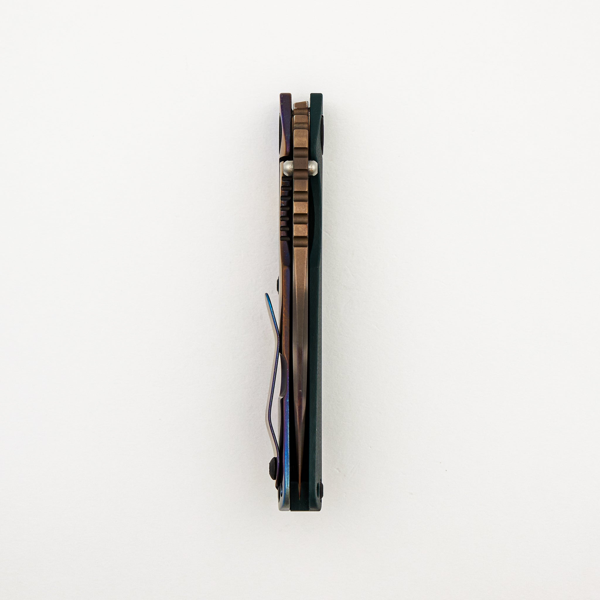 SNG - Anodized Titanium/Forest Green G10 Handle - Drop Point Bronze Tiger Stripe 20CV Blade