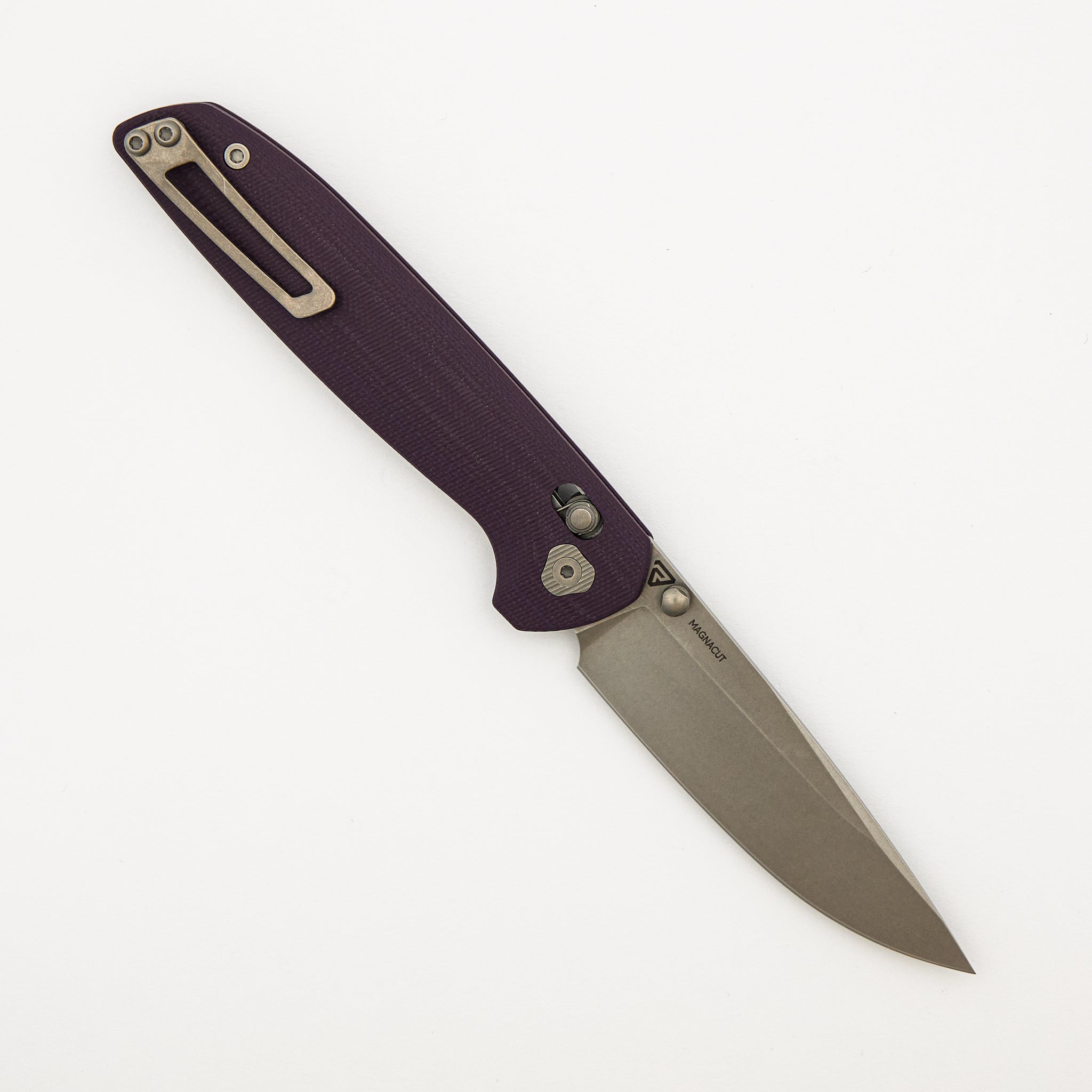 Maverick – Stonewash MagnaCut Blade – Purple G10 Handle