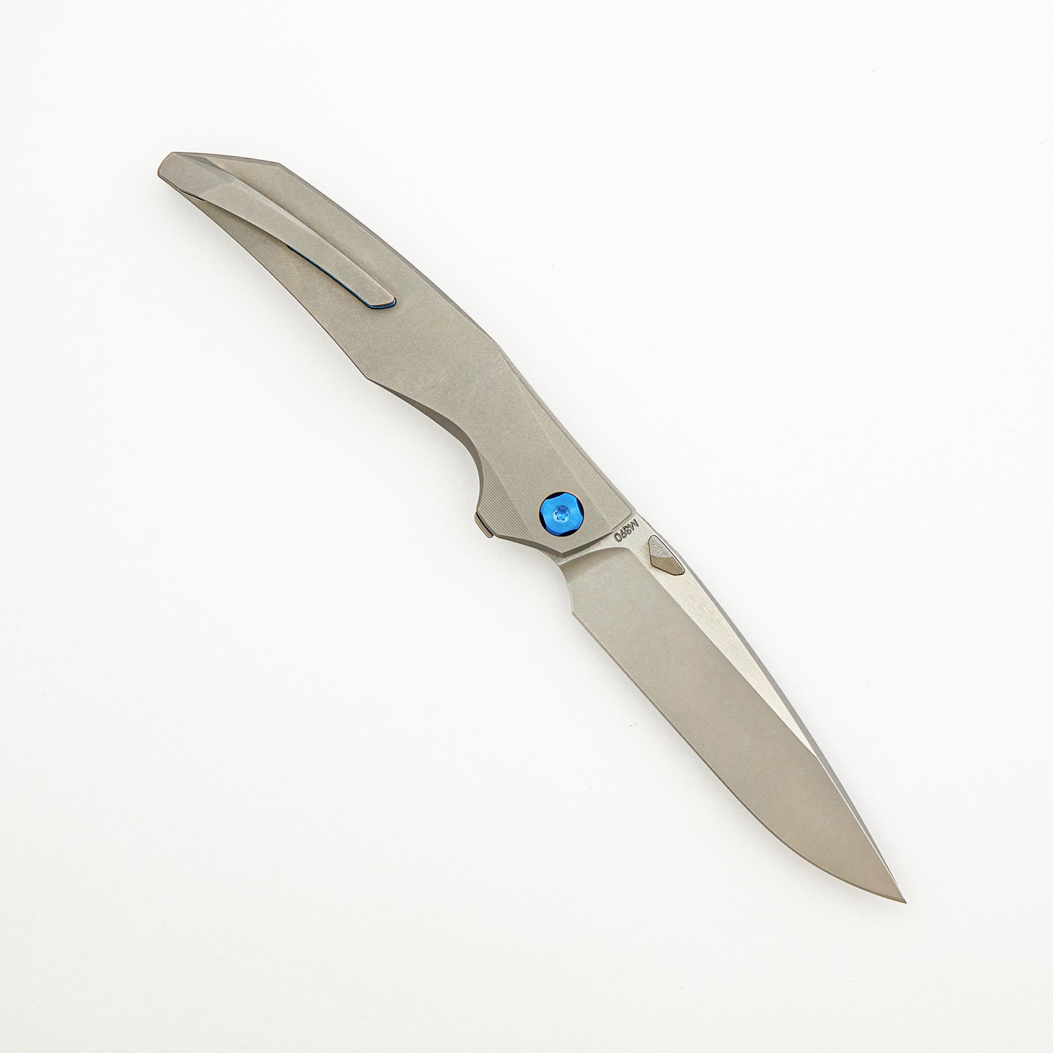 Xenon - Smooth Titanium Handle - Blue Hardware - Burnished W/ Polished Flats M390 Blade
