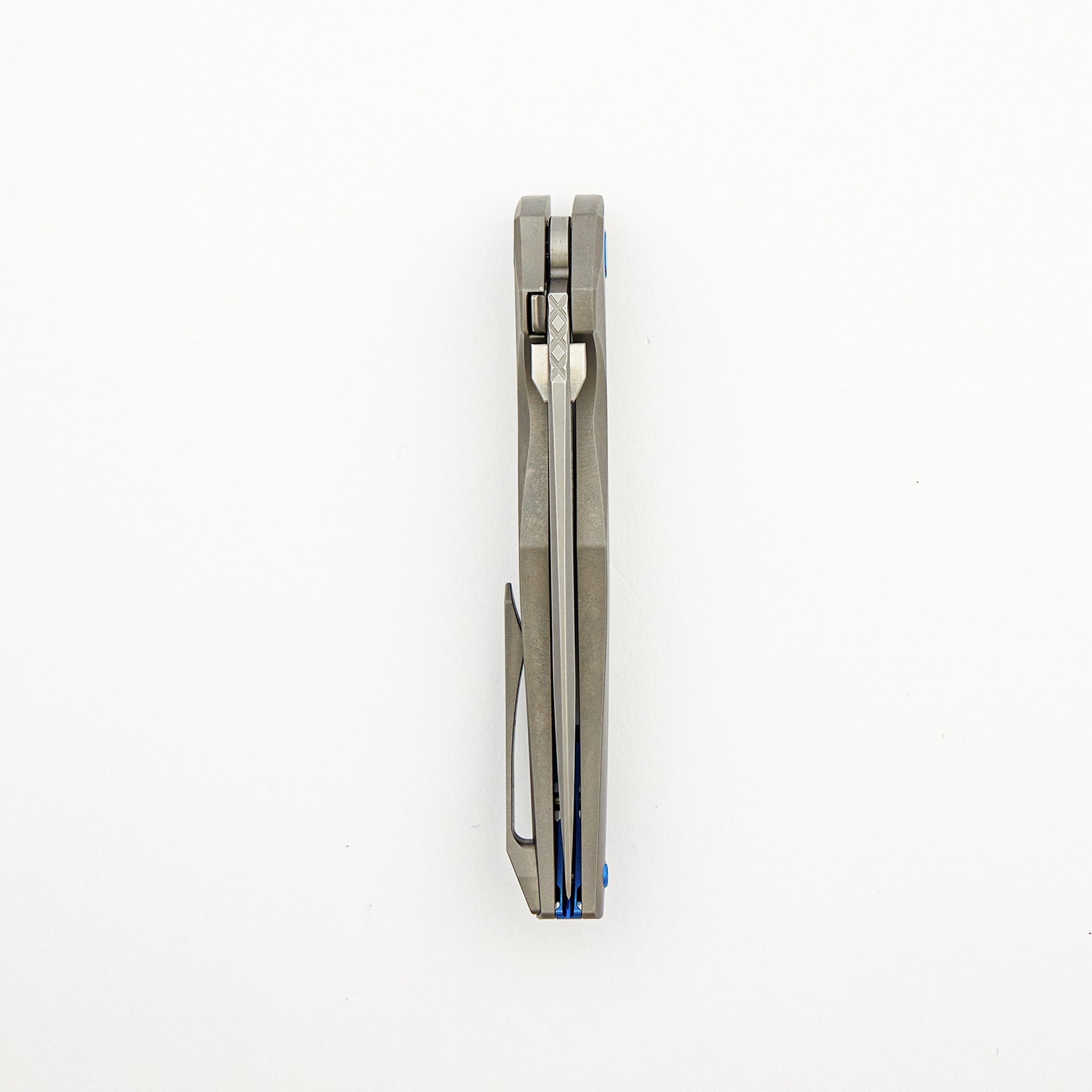 Xenon - Smooth Titanium Handle - Blue Hardware - Burnished W/ Polished Flats M390 Blade