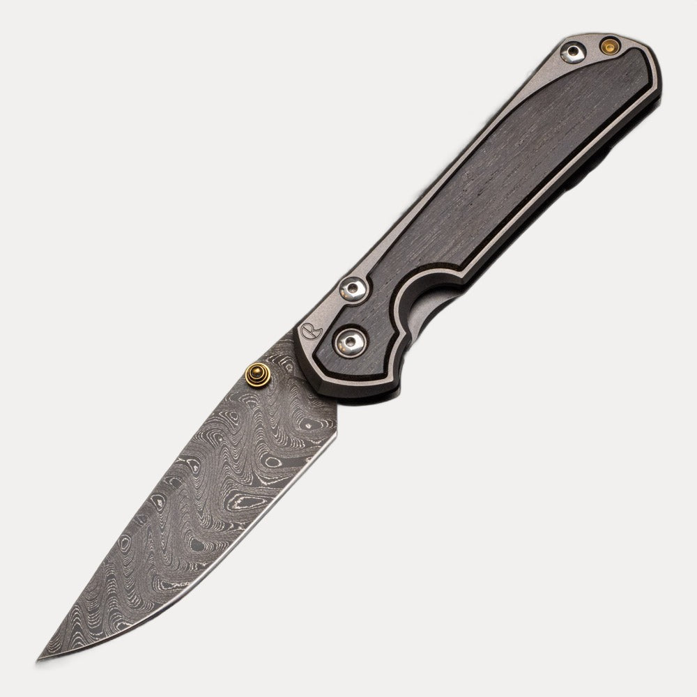 CHRIS REEVE LARGE SEBENZA 31 BOG OAK - BOOMERANG BLADE - GOLD DOUBLE THUMB LUGS