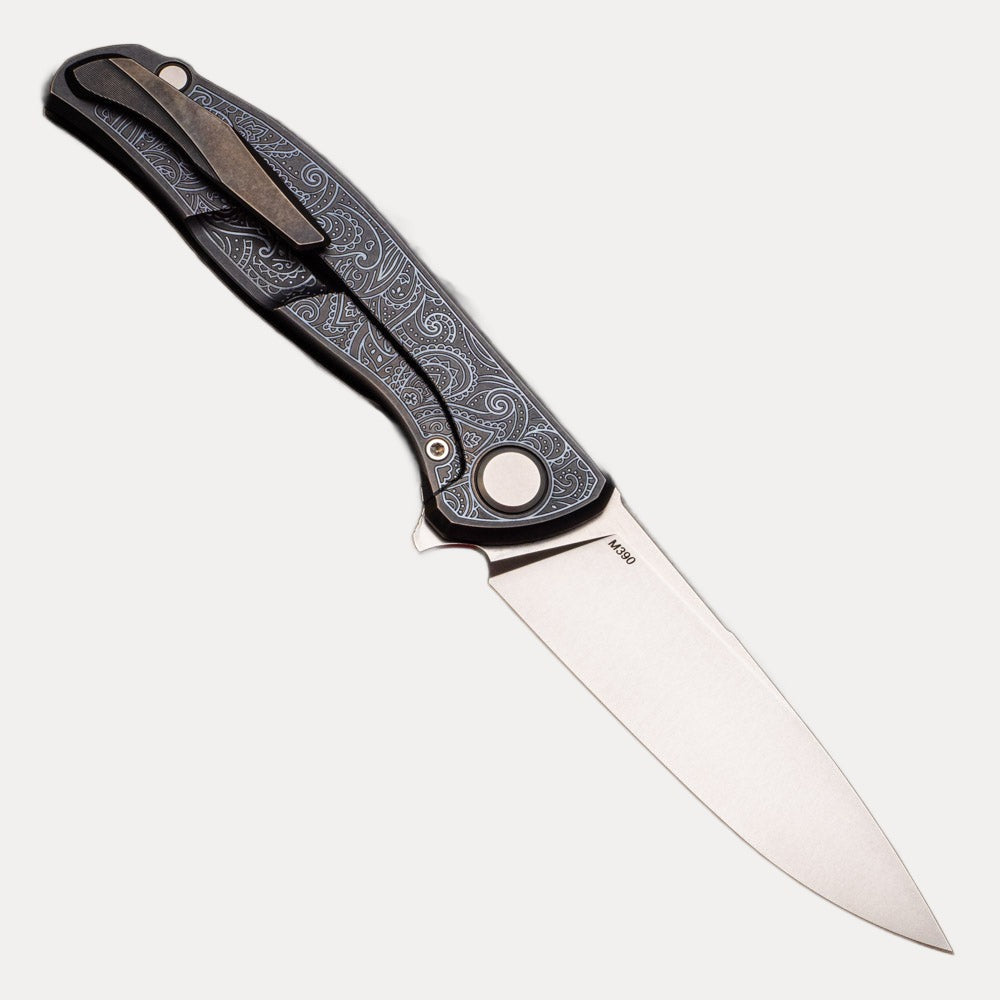 SHIROGOROV - TI2 DESIGN PAISLEY ETCH F95 – M390 BLADE – TITANIUM HANDLE – MRBS