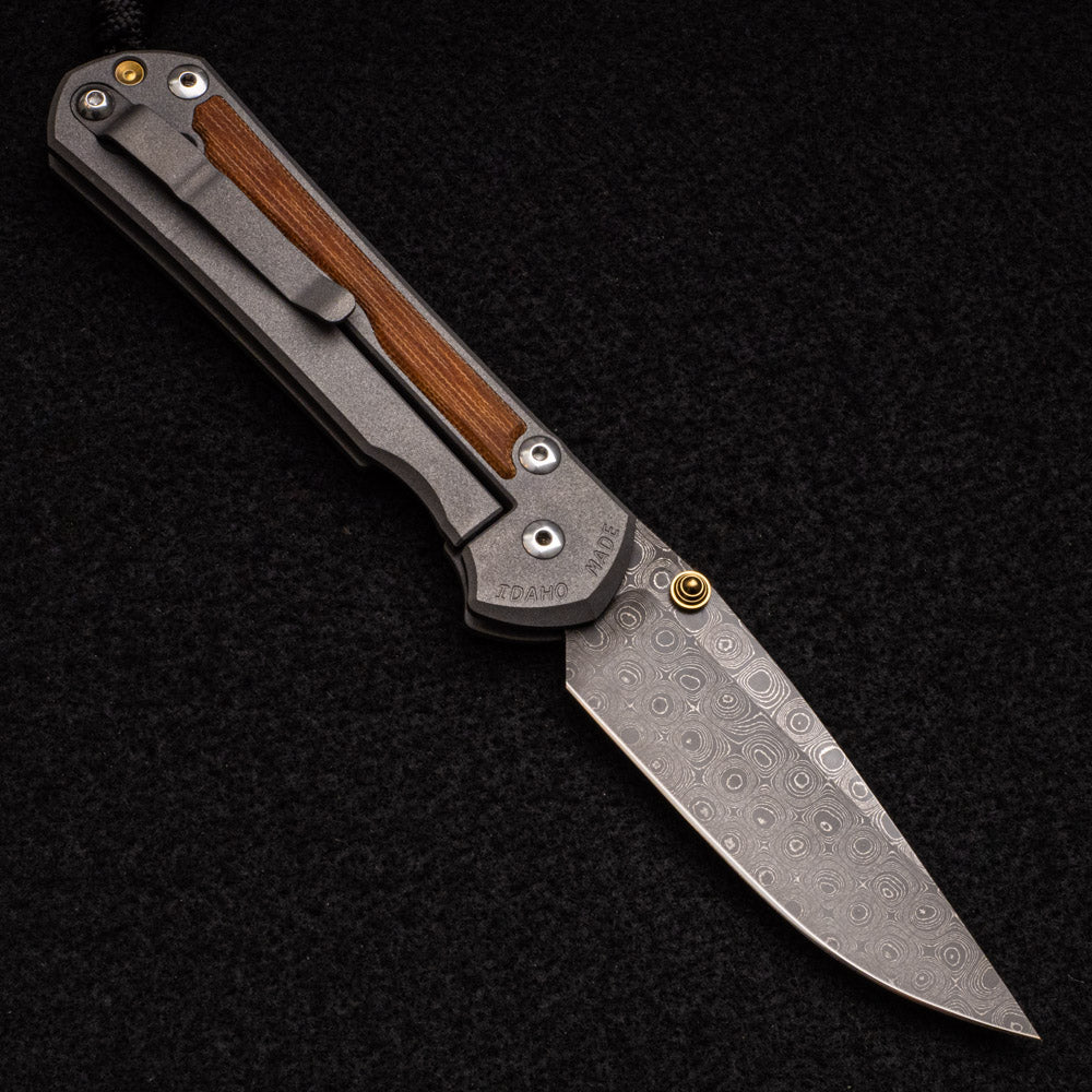 CHRIS REEVE LARGE SEBENZA 31 NATURAL CANVAS MICARTA INLAY - RAINDROP BLADE - GOLD DOUBLE THUMB LUGS