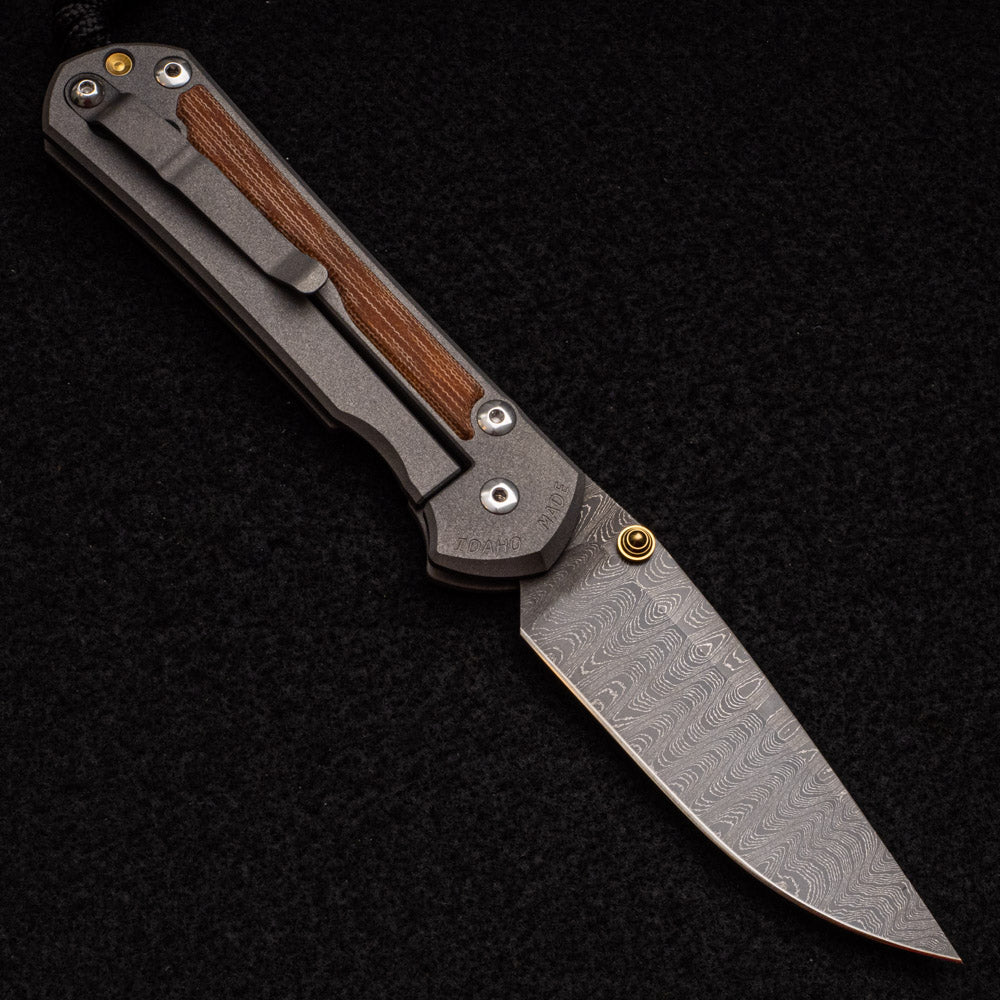 CHRIS REEVE LARGE SEBENZA 31 NATURAL CANVAS MICARTA INLAY - LADDER BLADE - GOLD DOUBLE THUMB LUGS