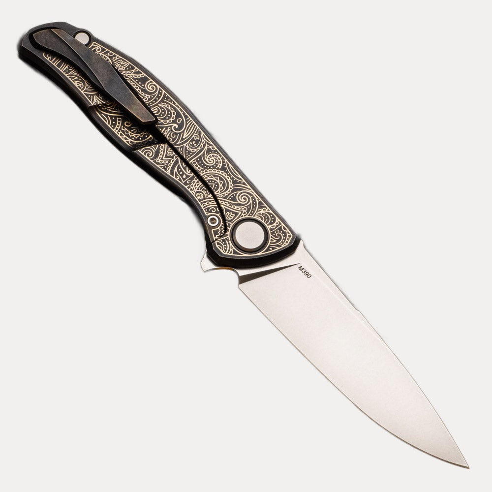 SHIROGOROV - TI2 DESIGN PAISLEY ETCH F95 – M390 BLADE – TITANIUM HANDLE – MRBS