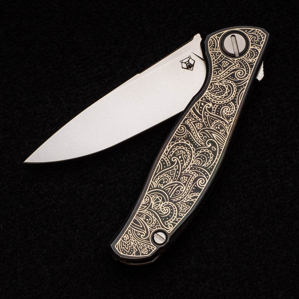 SHIROGOROV - TI2 DESIGN PAISLEY ETCH F95 – M390 BLADE – TITANIUM HANDLE – MRBS