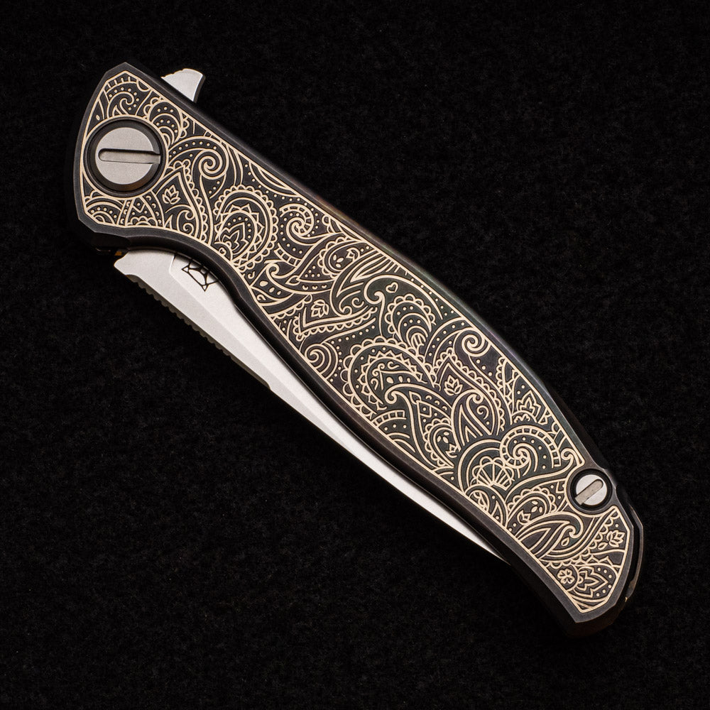 SHIROGOROV - TI2 DESIGN PAISLEY ETCH F95 – M390 BLADE – TITANIUM HANDLE – MRBS