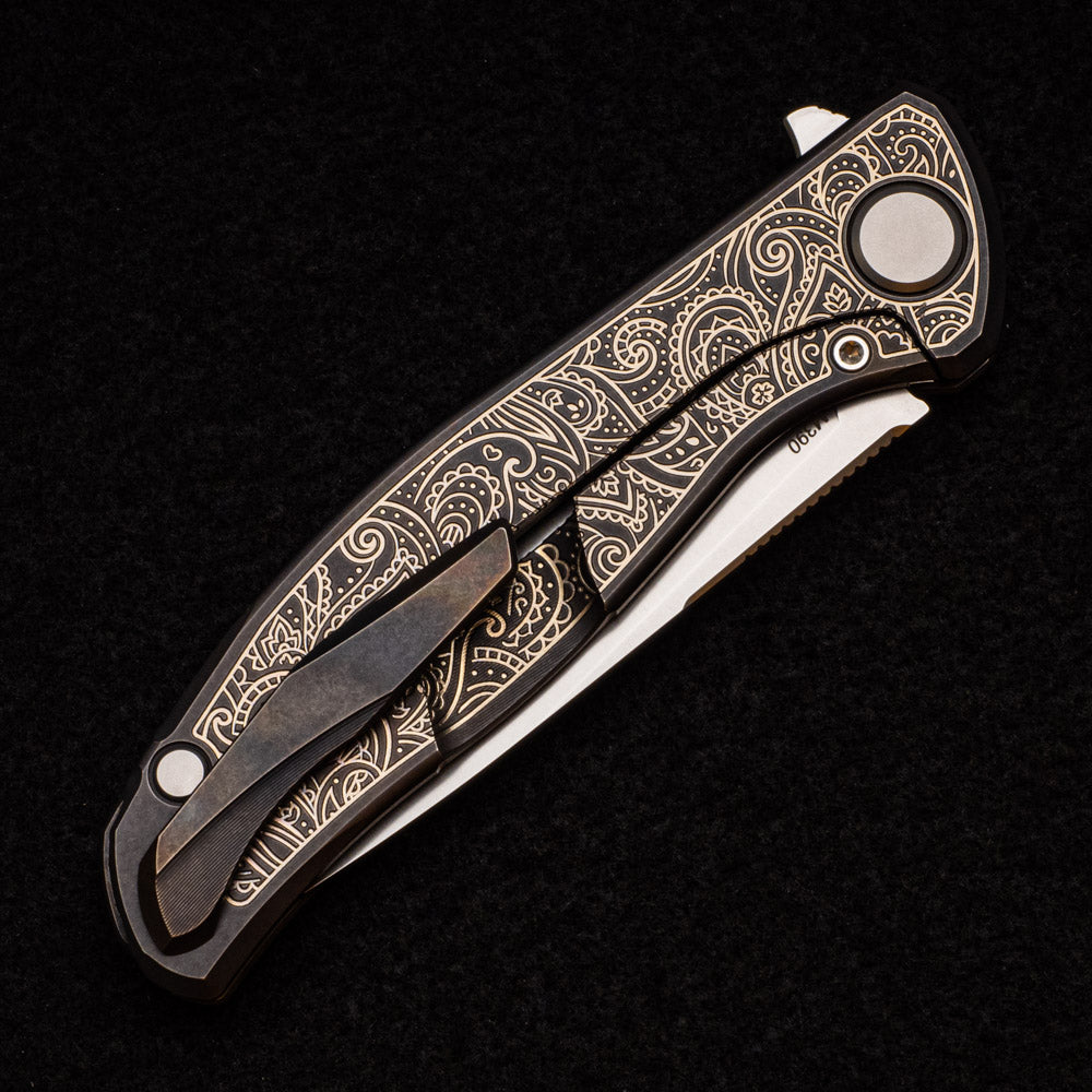 SHIROGOROV - TI2 DESIGN PAISLEY ETCH F95 – M390 BLADE – TITANIUM HANDLE – MRBS