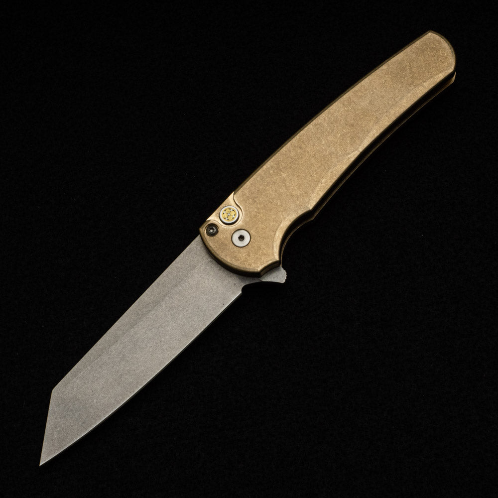 Pro-Tech Knives Malibu Flipper - SW Bronze AL Handle - Stonewashed 20CV Reverse Tanto Blade - Mosaic Button