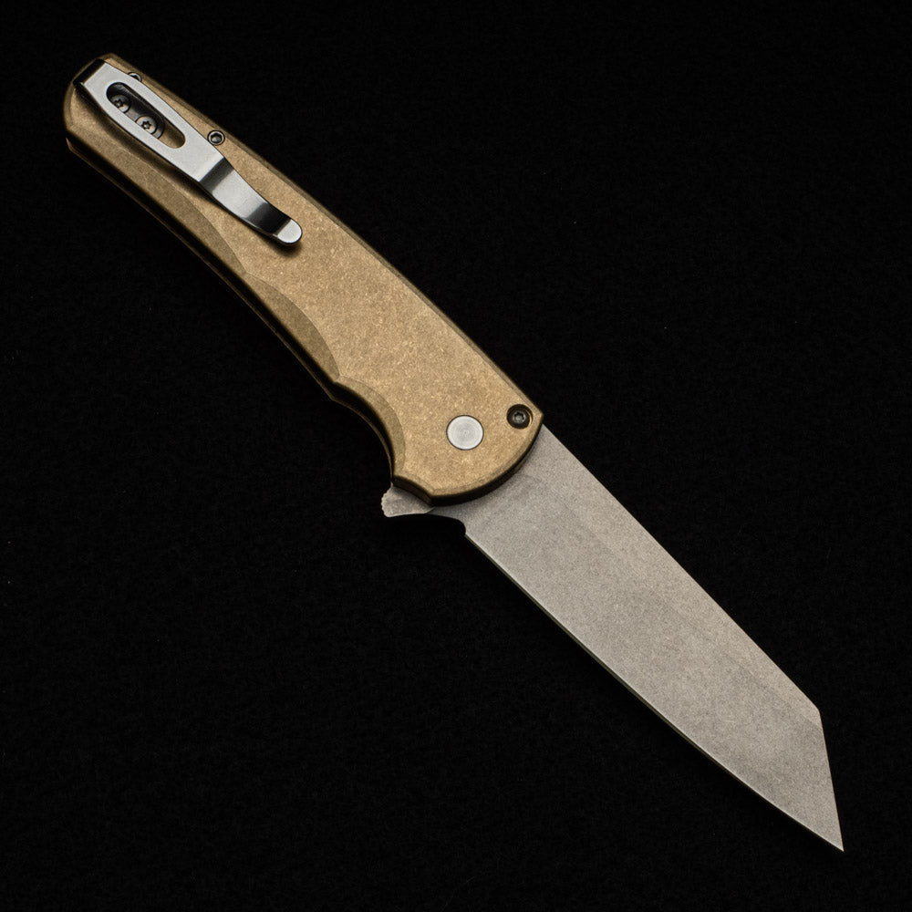 Pro-Tech Knives Malibu Flipper - SW Bronze AL Handle - Stonewashed 20CV Reverse Tanto Blade - Mosaic Button