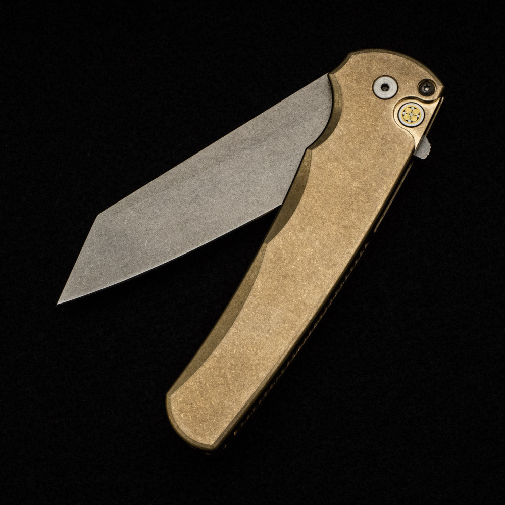 Pro-Tech Knives Malibu Flipper - SW Bronze AL Handle - Stonewashed 20CV Reverse Tanto Blade - Mosaic Button