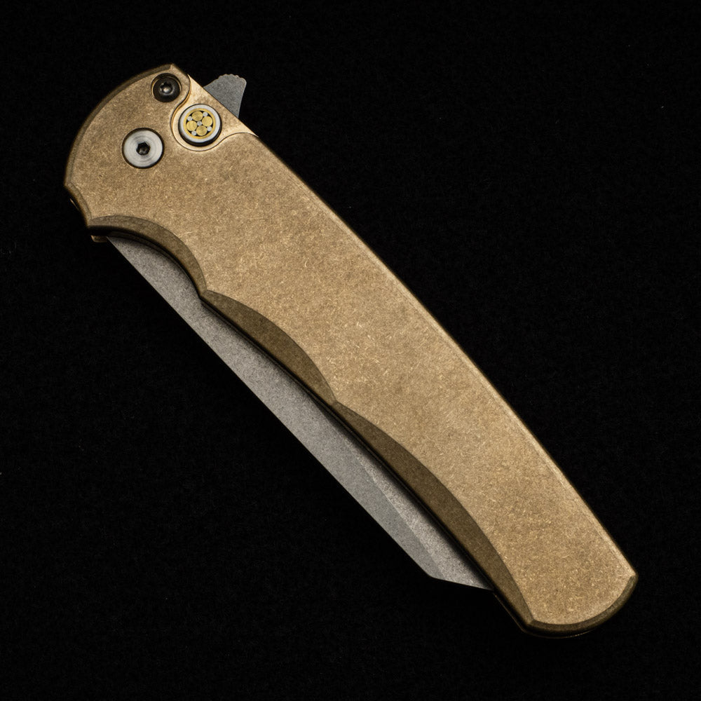 Pro-Tech Knives Malibu Flipper - SW Bronze AL Handle - Stonewashed 20CV Reverse Tanto Blade - Mosaic Button