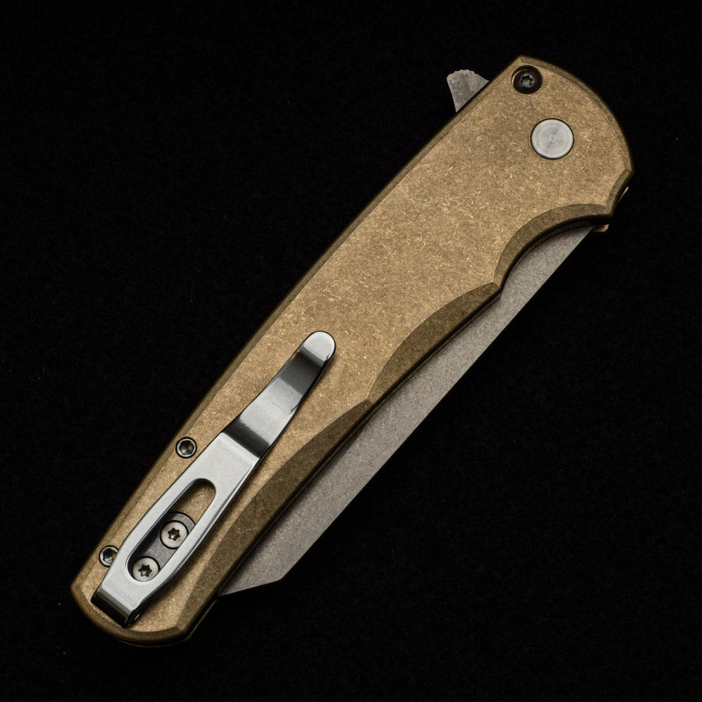 Pro-Tech Knives Malibu Flipper - SW Bronze AL Handle - Stonewashed 20CV Reverse Tanto Blade - Mosaic Button