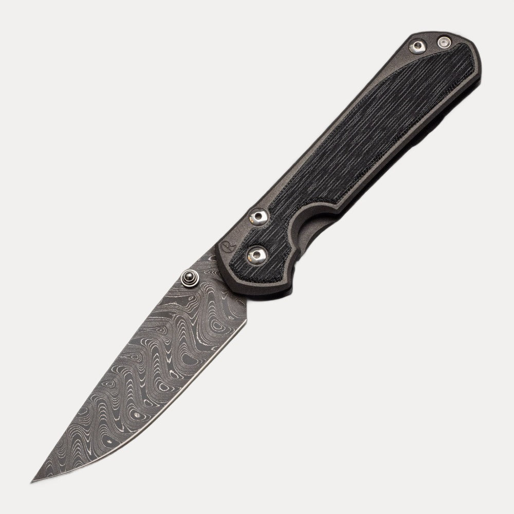 CHRIS REEVE LARGE SEBENZA 31 BLACK CANVAS MICARTA INLAY - BOOMERANG BLADE - SILVER DOUBLE THUMB LUGS