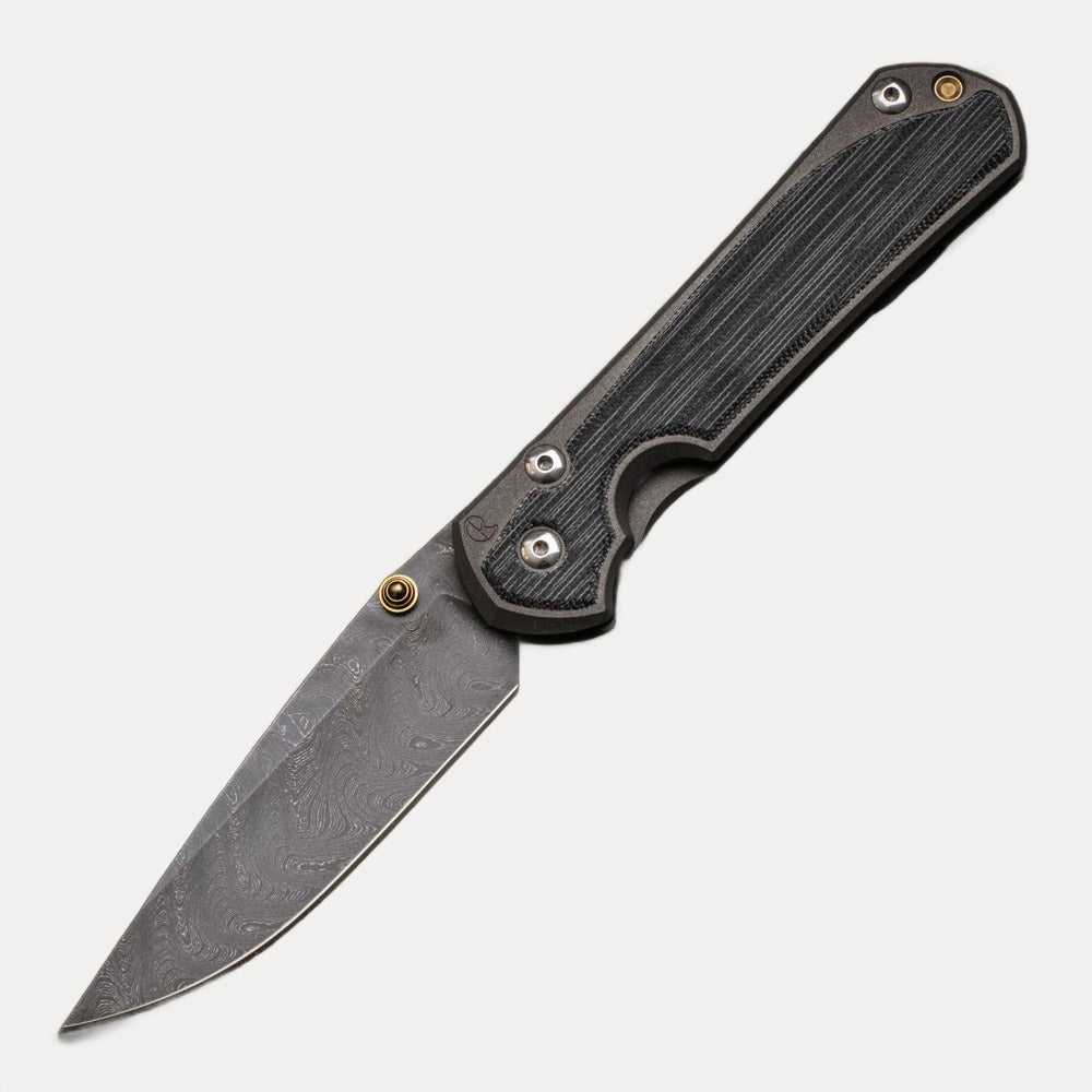 CHRIS REEVE LARGE SEBENZA 31 BLACK CANVAS MICARTA INLAY - BOOMERANG BLADE - GOLD DOUBLE THUMB LUGS