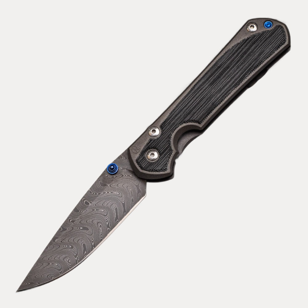 CHRIS REEVE LARGE SEBENZA 31 BLACK CANVAS MICARTA INLAY - BOOMERANG BLADE - BLUE DOUBLE THUMB LUGS