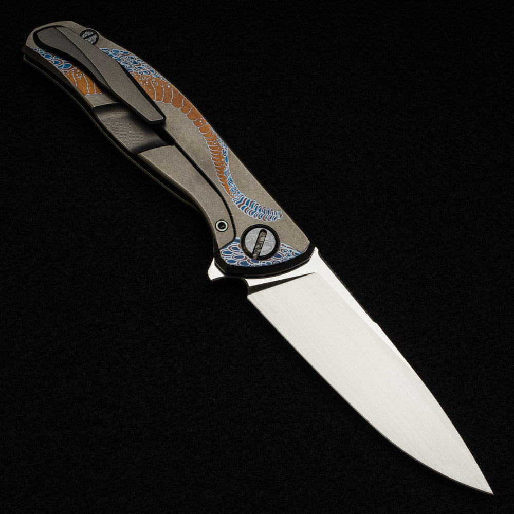 SHIROGOROV KNIVES - MAD RUSSIAN CUSTOM ART EDITION "RATTLESNAKE" F95 FLIPPER - M390 BLADE - TITANIUM HANDLE - MRBS