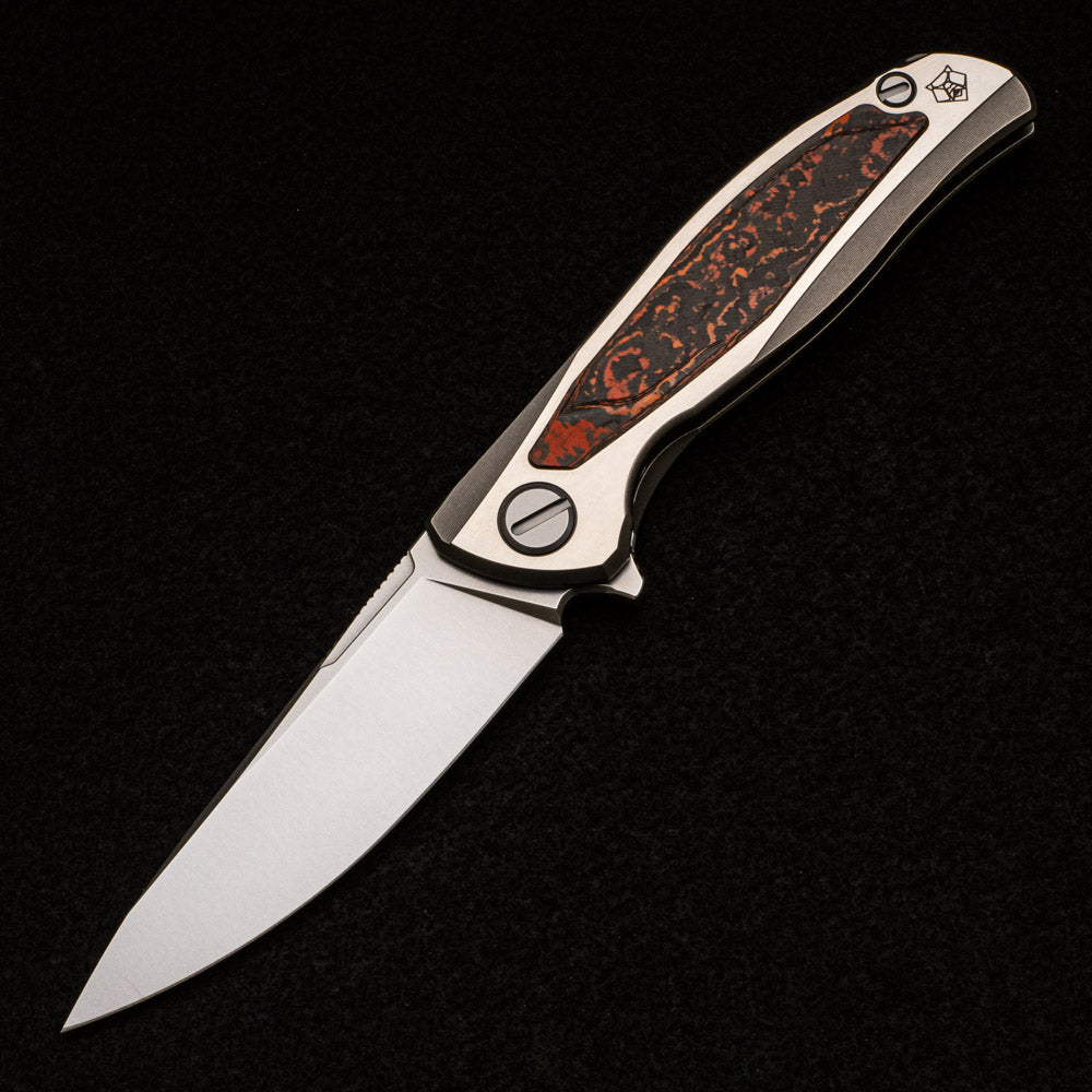 SHIROGOROV F95R NL - M390 BLADE - STONEWASHED TITANIUM HANDLE W- "MARS VALLEY" CARBON FIBER INLAY- MRBS