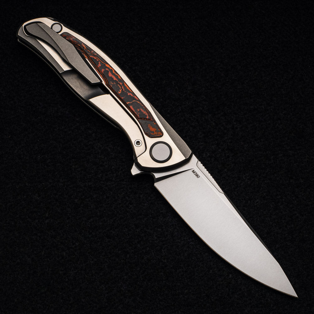 SHIROGOROV F95R NL - M390 BLADE - STONEWASHED TITANIUM HANDLE W- "MARS VALLEY" CARBON FIBER INLAY- MRBS