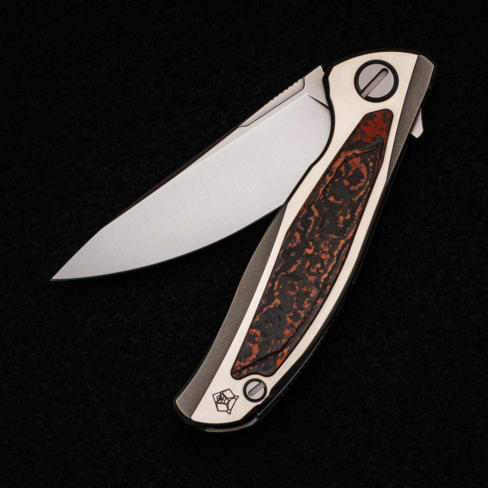 SHIROGOROV F95R NL - M390 BLADE - STONEWASHED TITANIUM HANDLE W- "MARS VALLEY" CARBON FIBER INLAY- MRBS