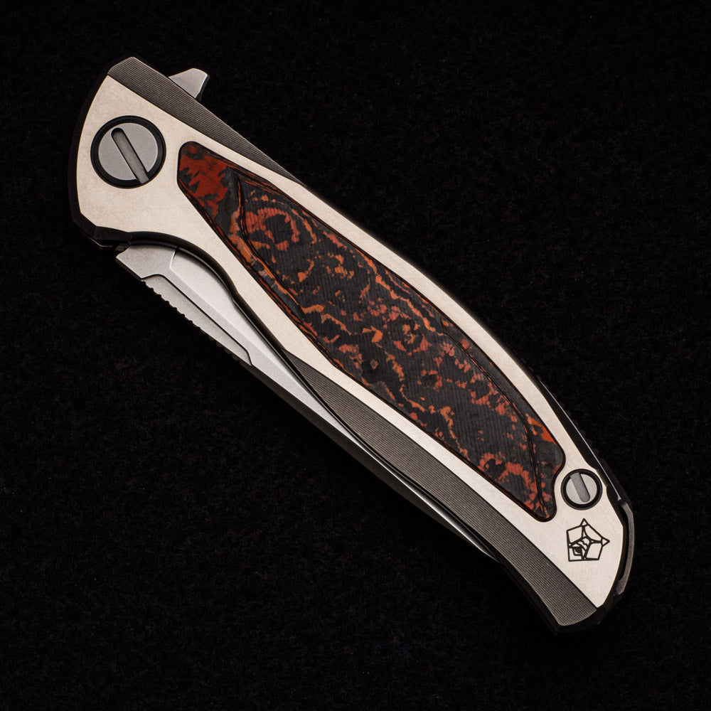 SHIROGOROV F95R NL - M390 BLADE - STONEWASHED TITANIUM HANDLE W- "MARS VALLEY" CARBON FIBER INLAY- MRBS