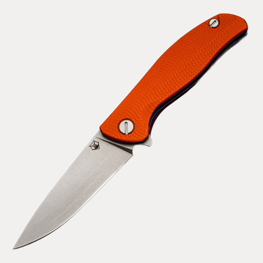 SHIROGOROV F3 - ELMAX FULL FLAT GRIND BLADE - ORANGE G10 HANDLE W- BLUE ACCENTS - SRB