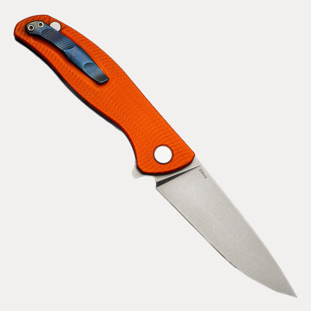 SHIROGOROV F3 - ELMAX FULL FLAT GRIND BLADE - ORANGE G10 HANDLE W- BLUE ACCENTS - SRB